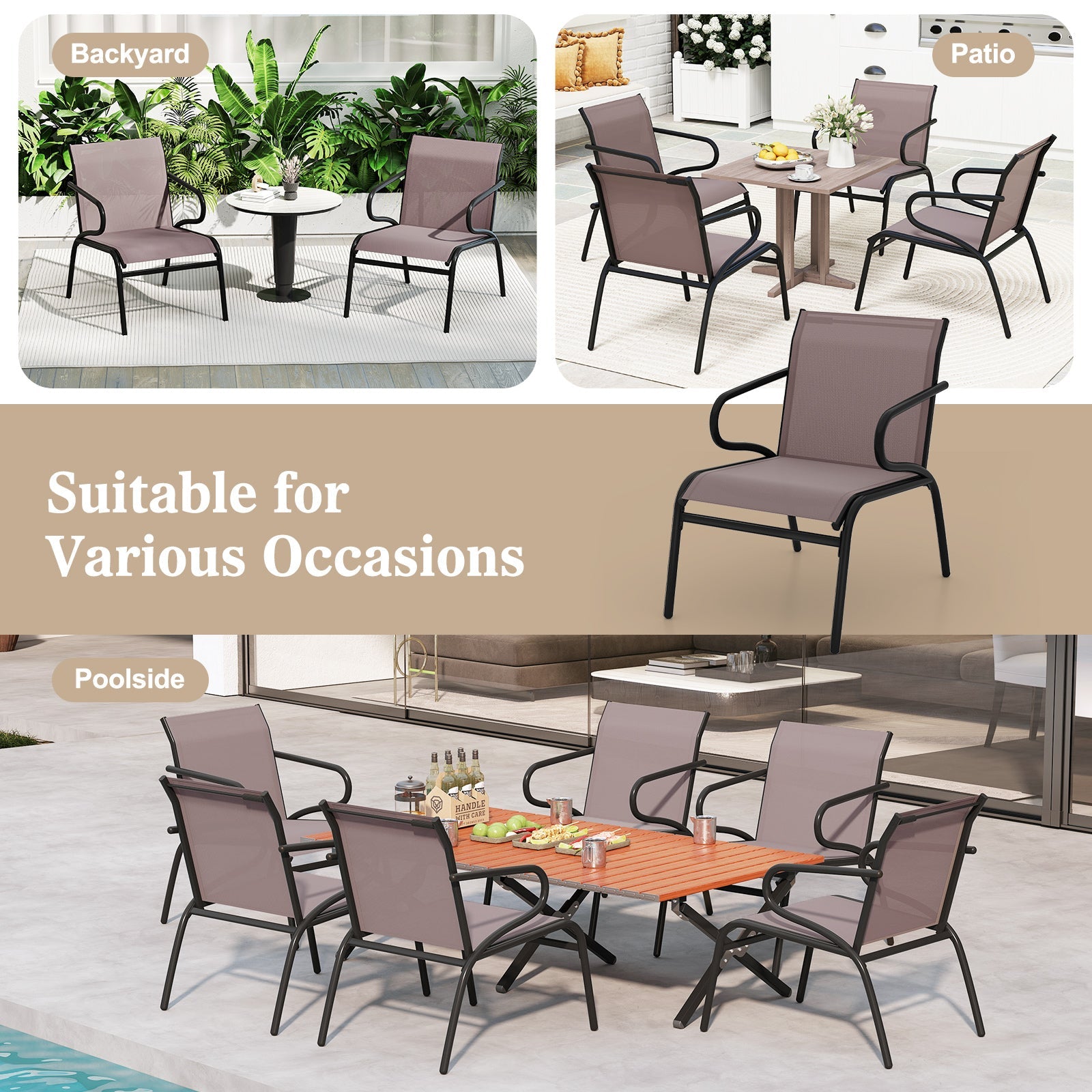 Modern Patio Chairs Set of 2 with Breathable Fabric for Porch-Coffee