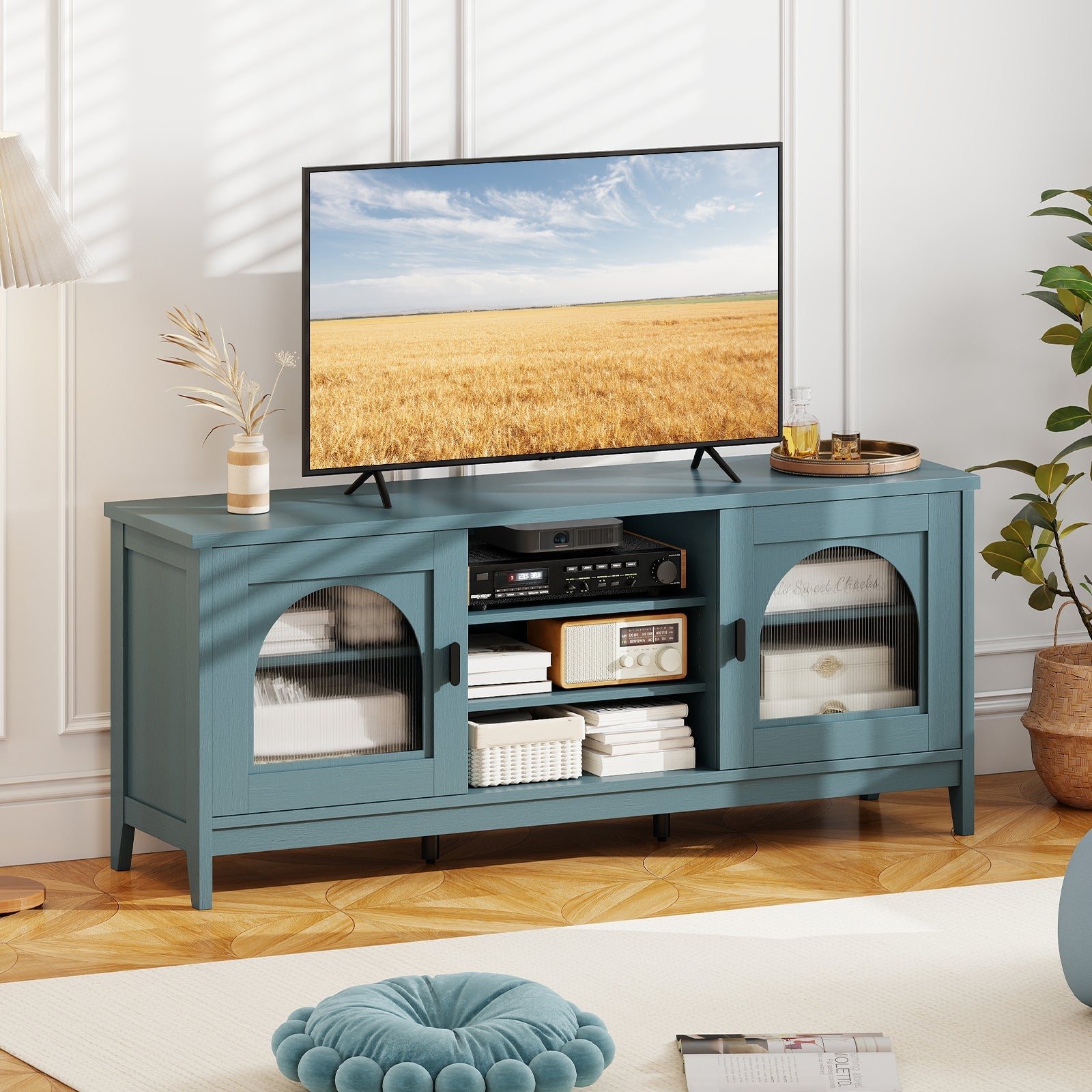 Modern Vintage TV Cabinet with Adjustable Shelves and 2 Cable Holes for TVs up to 65 Inches