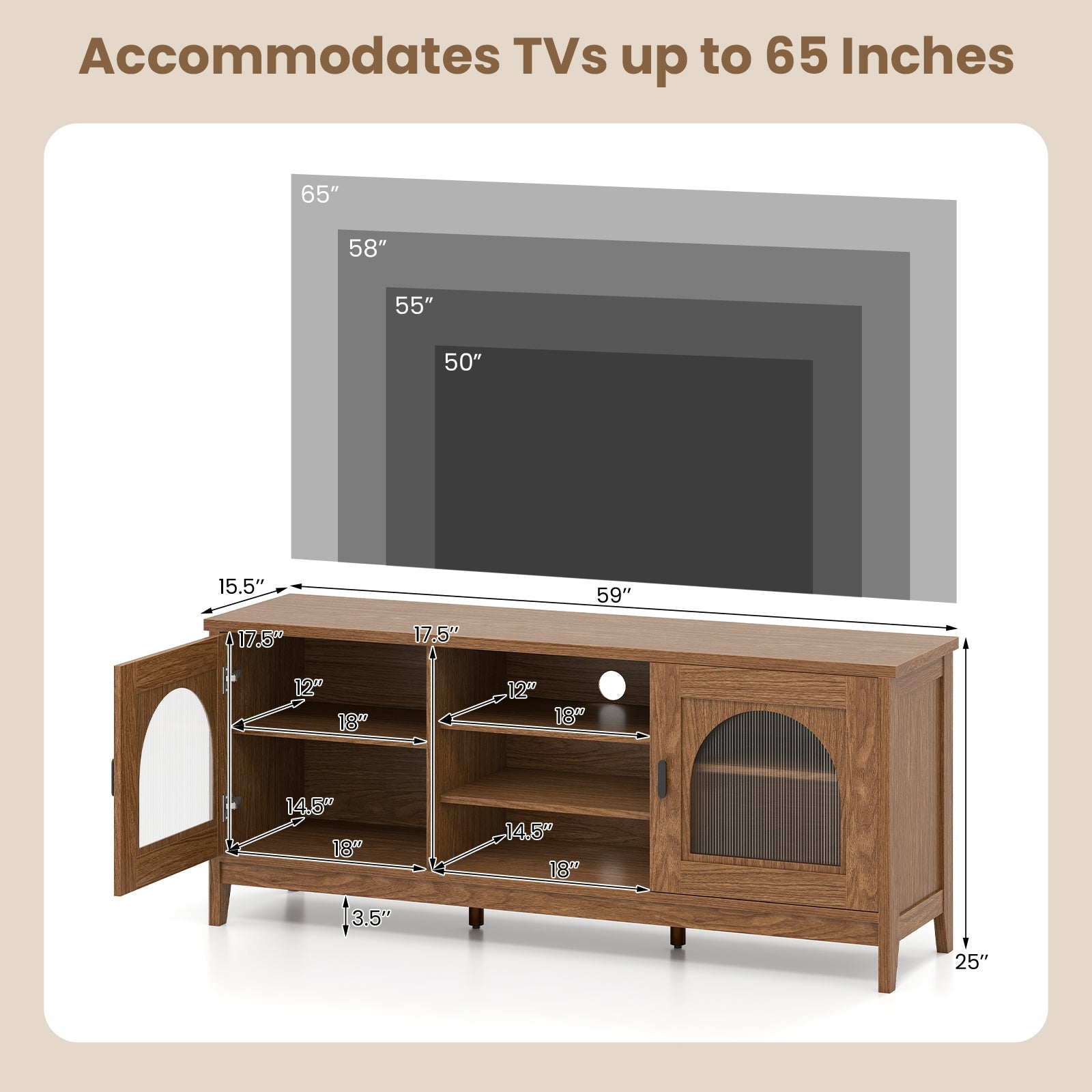 Modern Vintage TV Cabinet with Adjustable Shelves and 2 Cable Holes for TVs up to 65 Inches