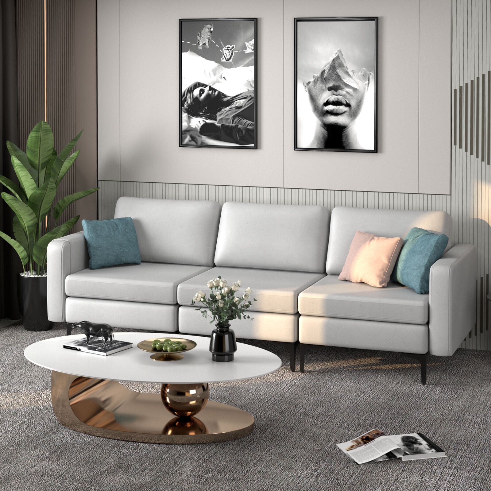 3-Seat Sectional Sofa Couch with Armrest Magazine Pocket and Metal Leg