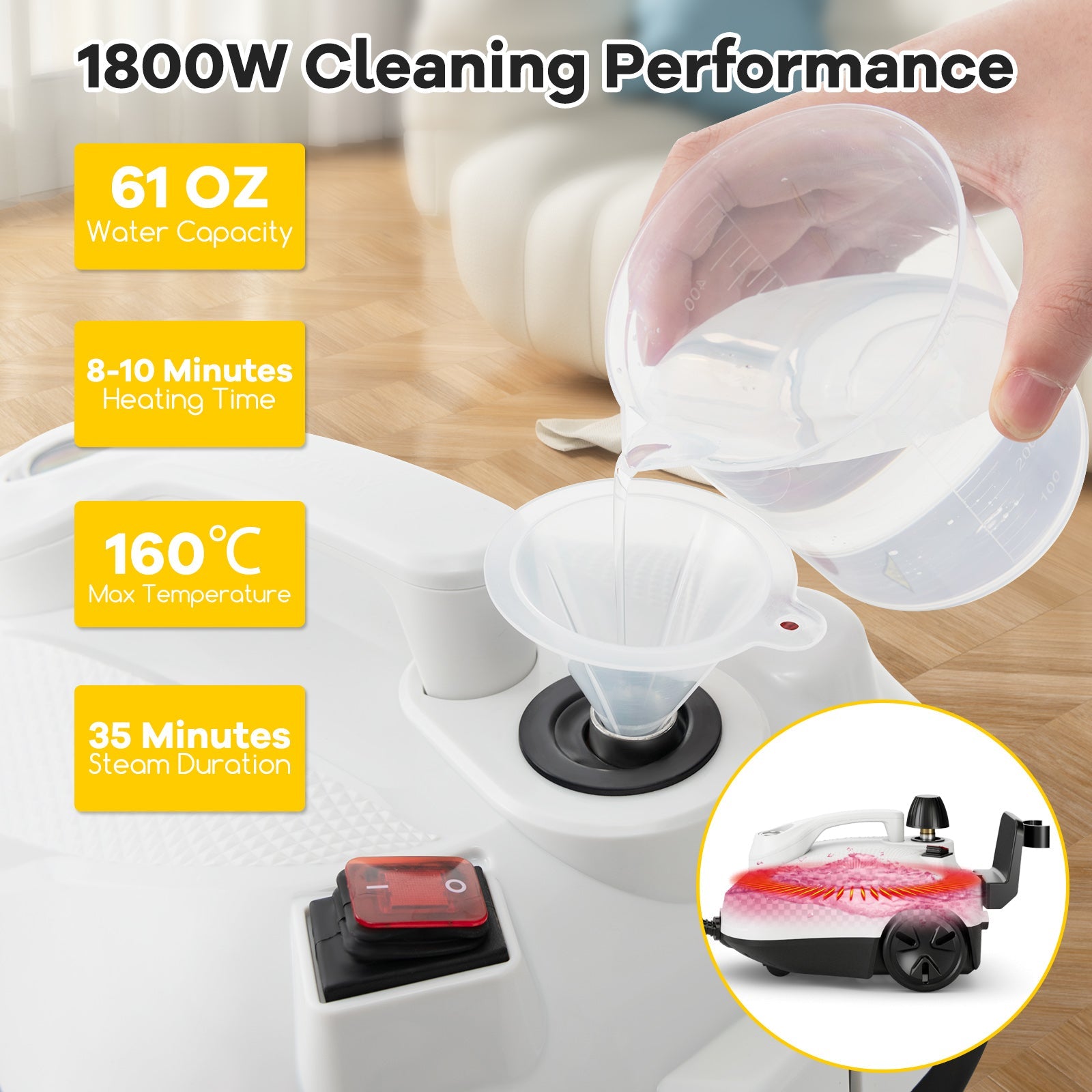 Multipurpose Steam Cleaner 1800W Portable Household Steamer with 61 oz Tank-Gray & White