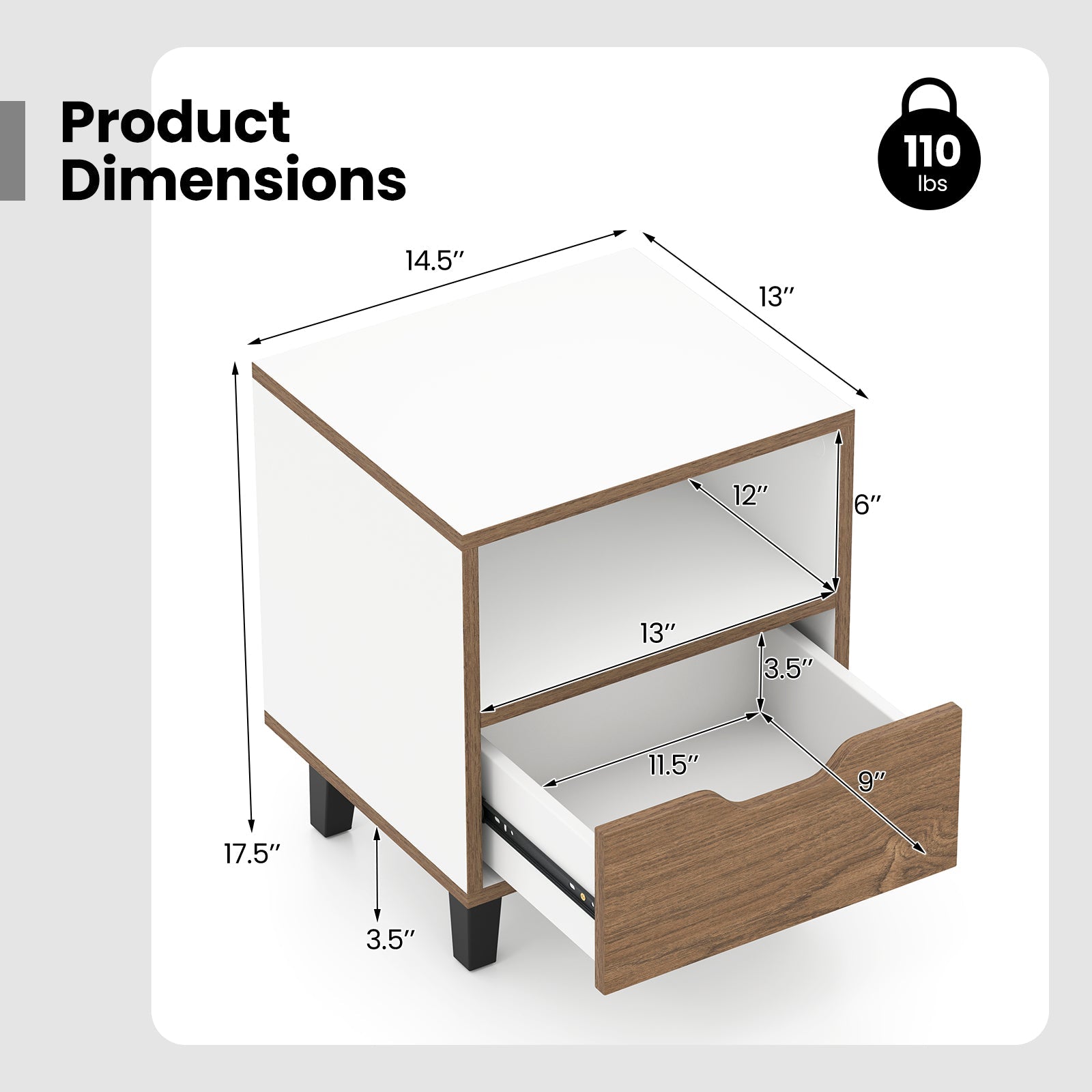 Nightstand with Drawer and Open Storage Shelf for Bedroom-White