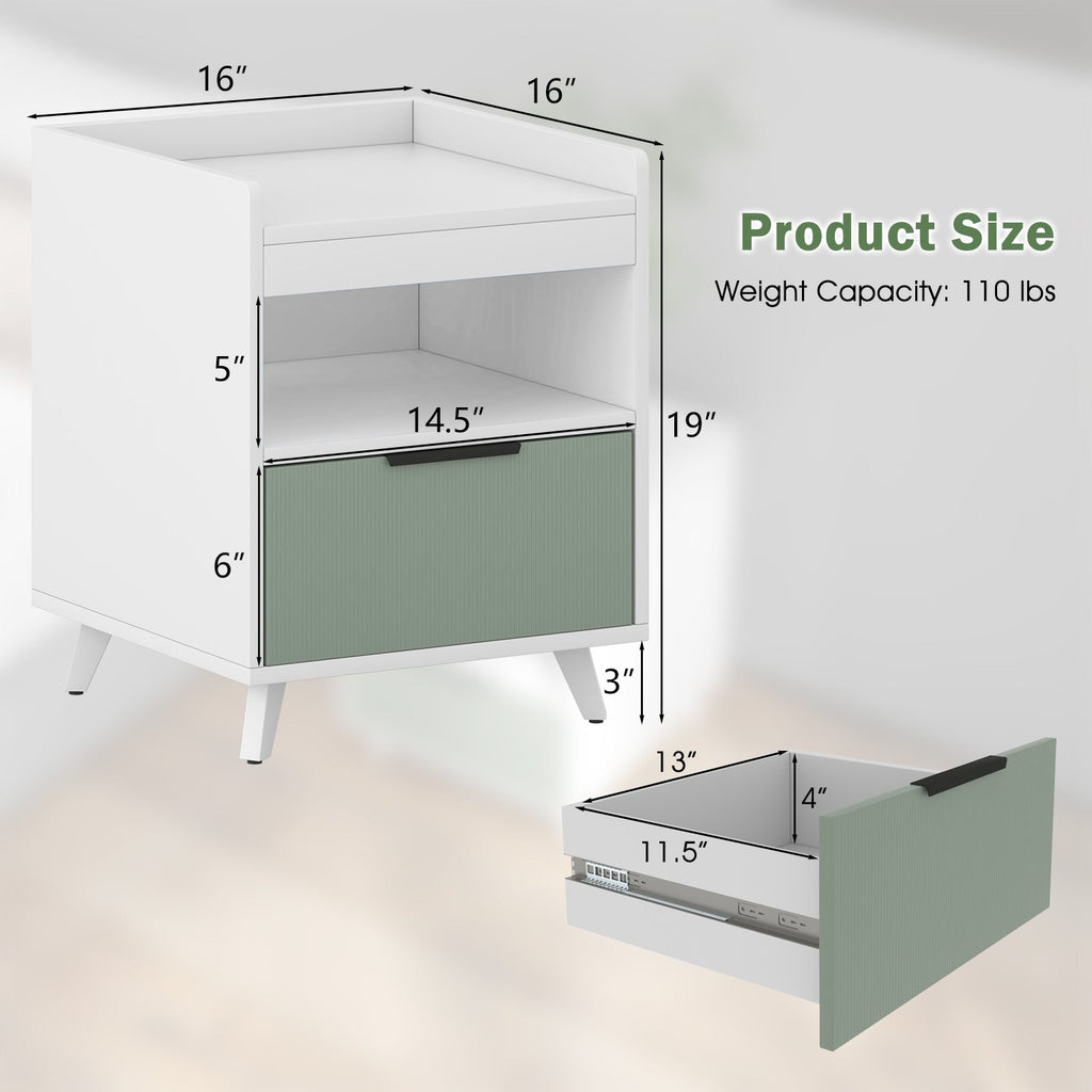 Modern Nightstand with LED Lights Sliding Drawer and Open Compartment-White