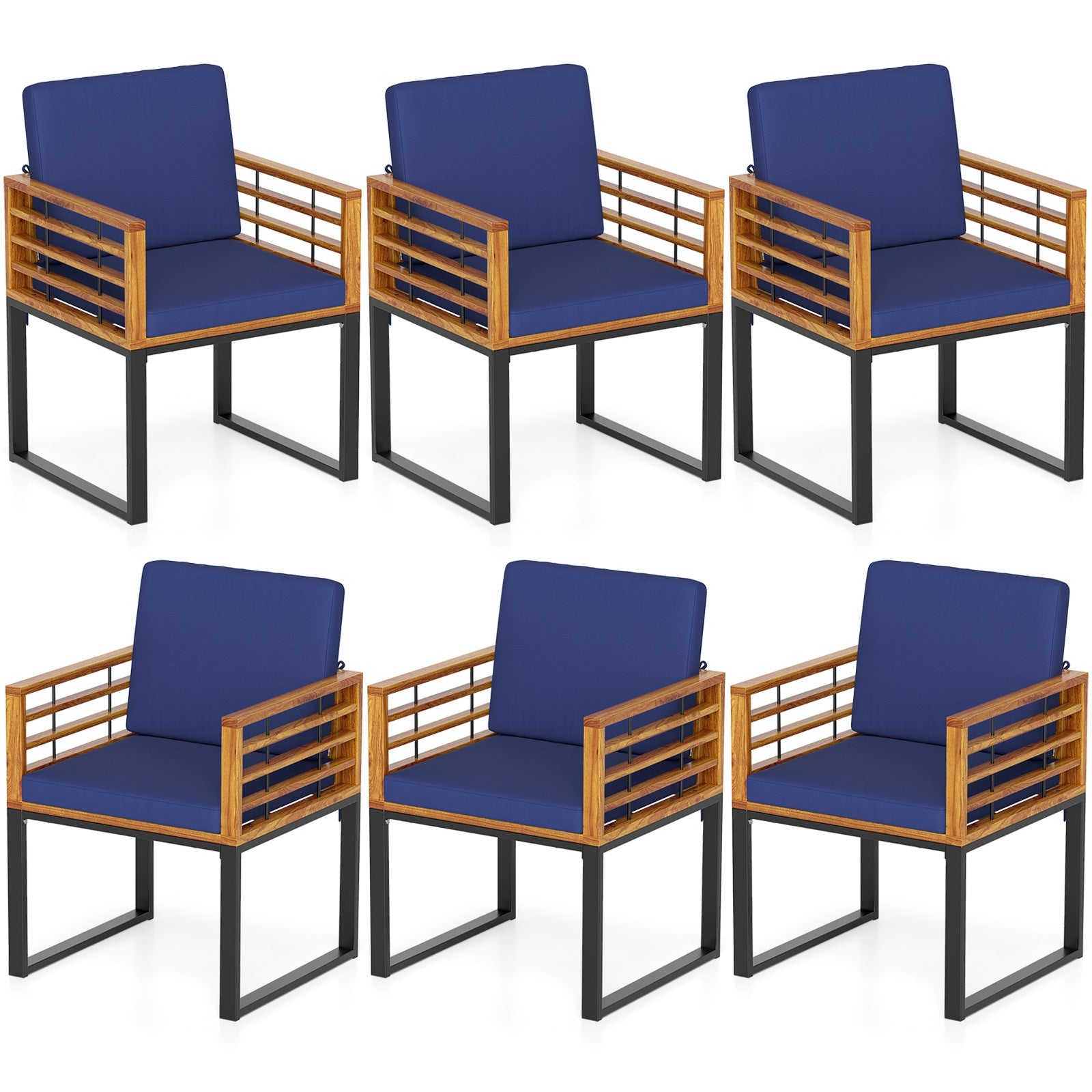 Outdoor Acacia Wood Patio Dining Chairs Set of 6 with Seat Back Cushions-Navy
