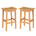 Outdoor Acacia Wood Bar Stools Set of 2 with PE Rattan Seats and Backrests