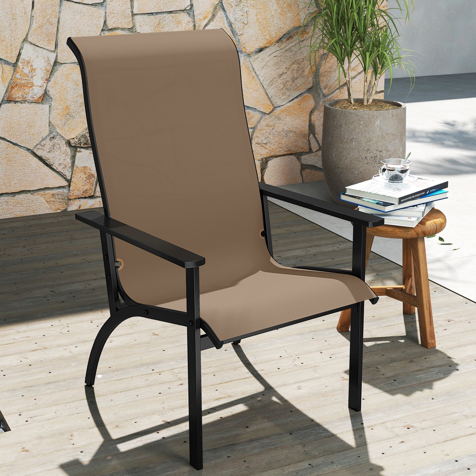 Outdoor Adirondack Chair with High Back and Metal Frame for Porch Garden-Coffee