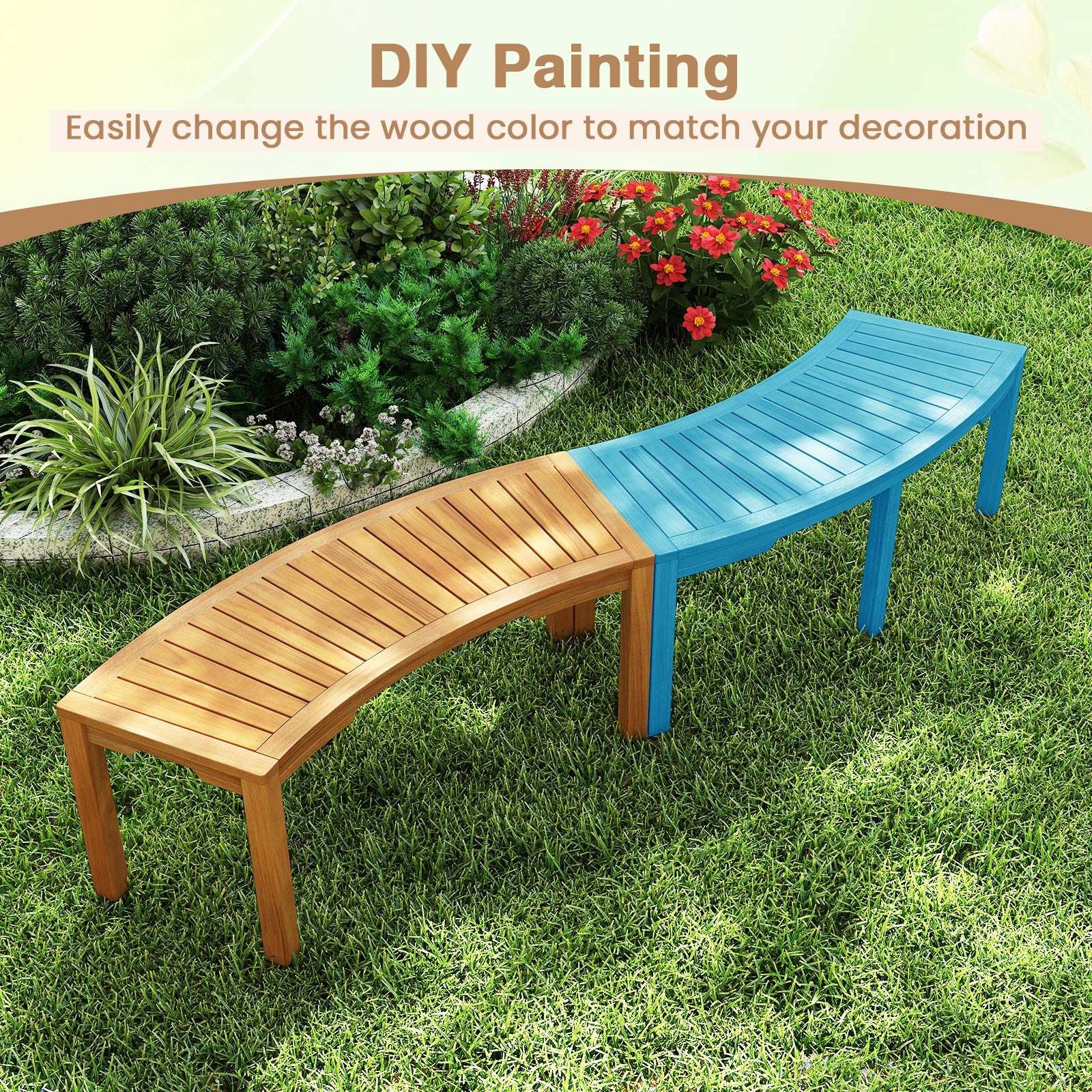 Set of 7 Outdoor Bench Acacia Wood Curved Garden Bench 2-Person