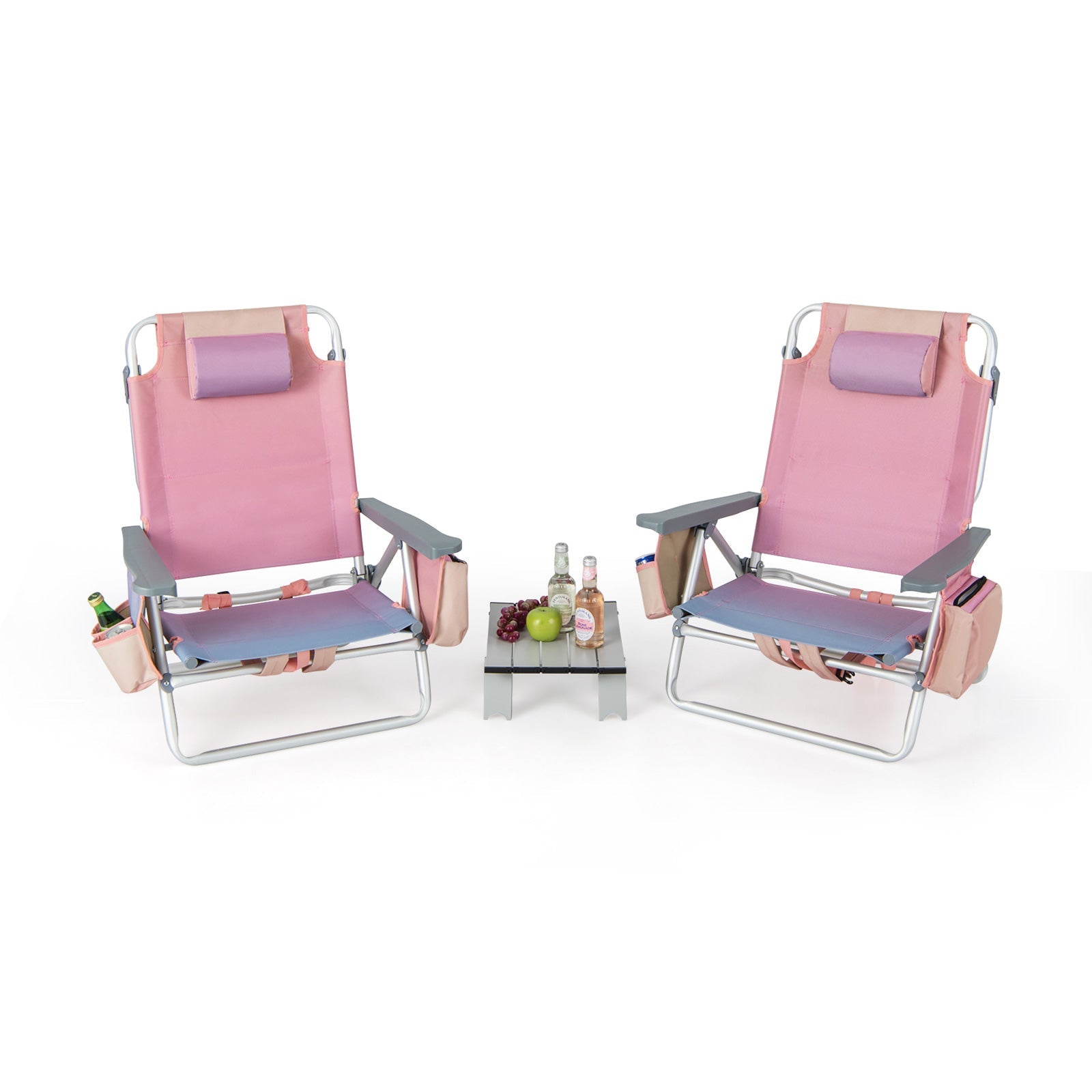 2 Packs 5-Position Outdoor Folding Backpack Beach Table Chair Reclining Chair Set