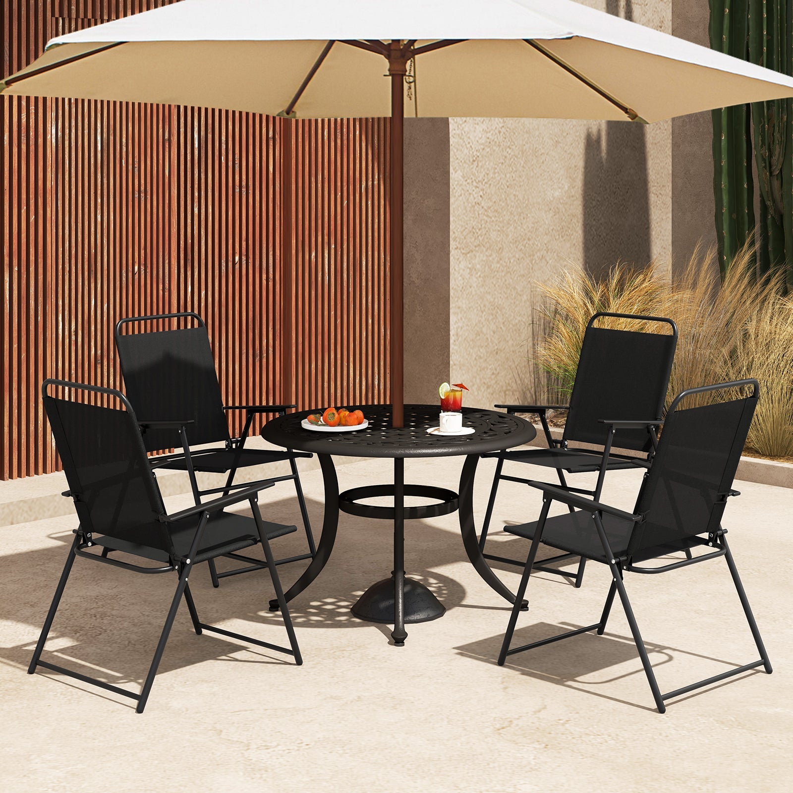 Outdoor Folding Sling Chairs Set of 4 with Armrest and Backrest