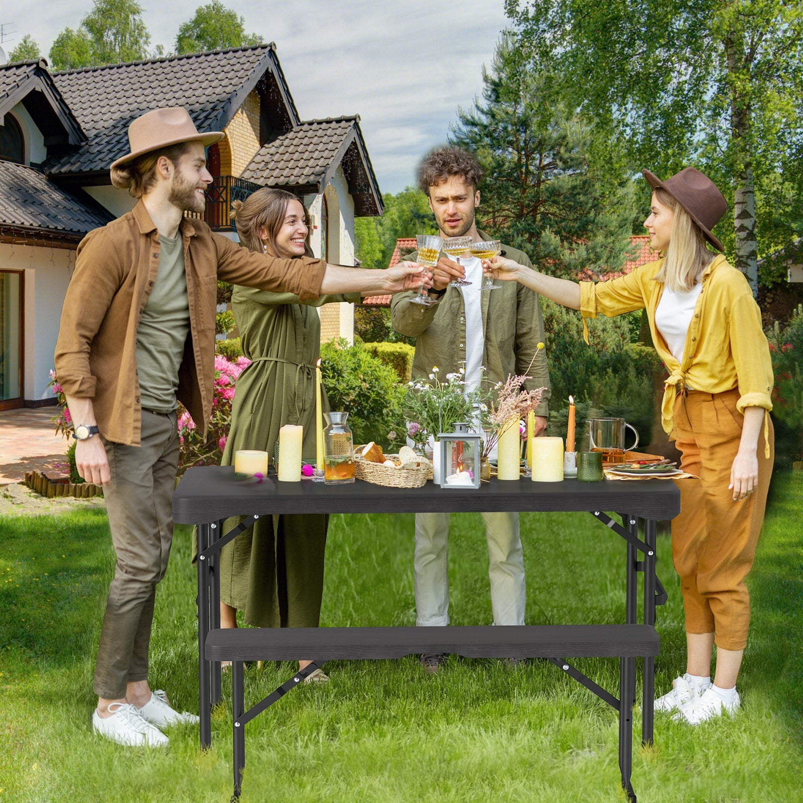 Outdoor Folding Table Bench Set w All-Weather HDPE Tabletop and Sturdy Metal Frame-Black