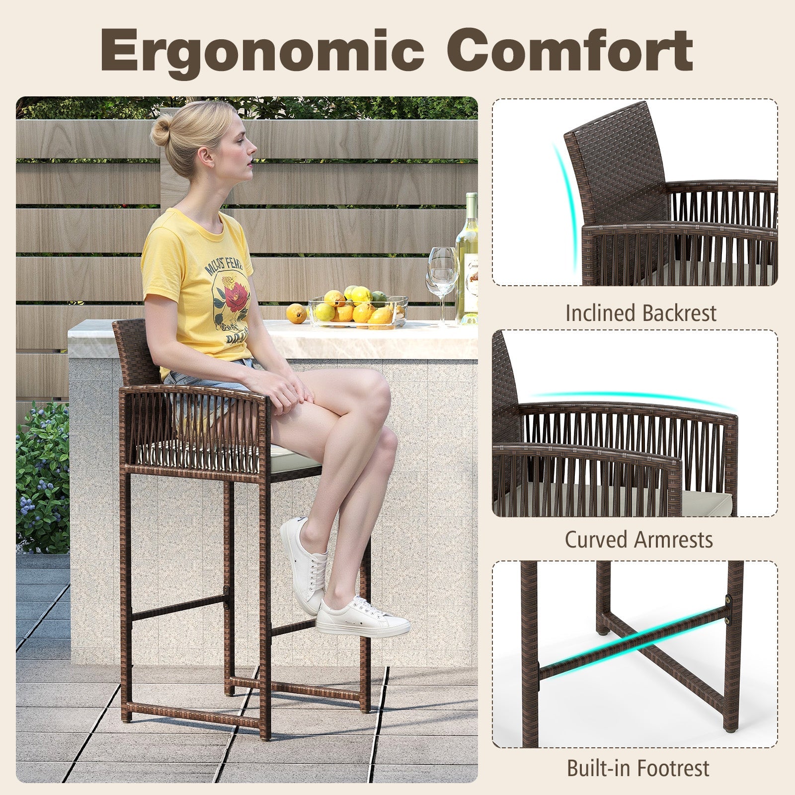 Outdoor PE Wicker Bar Stools Set of 2 Patio Bar Height Chairs with Cushions-White