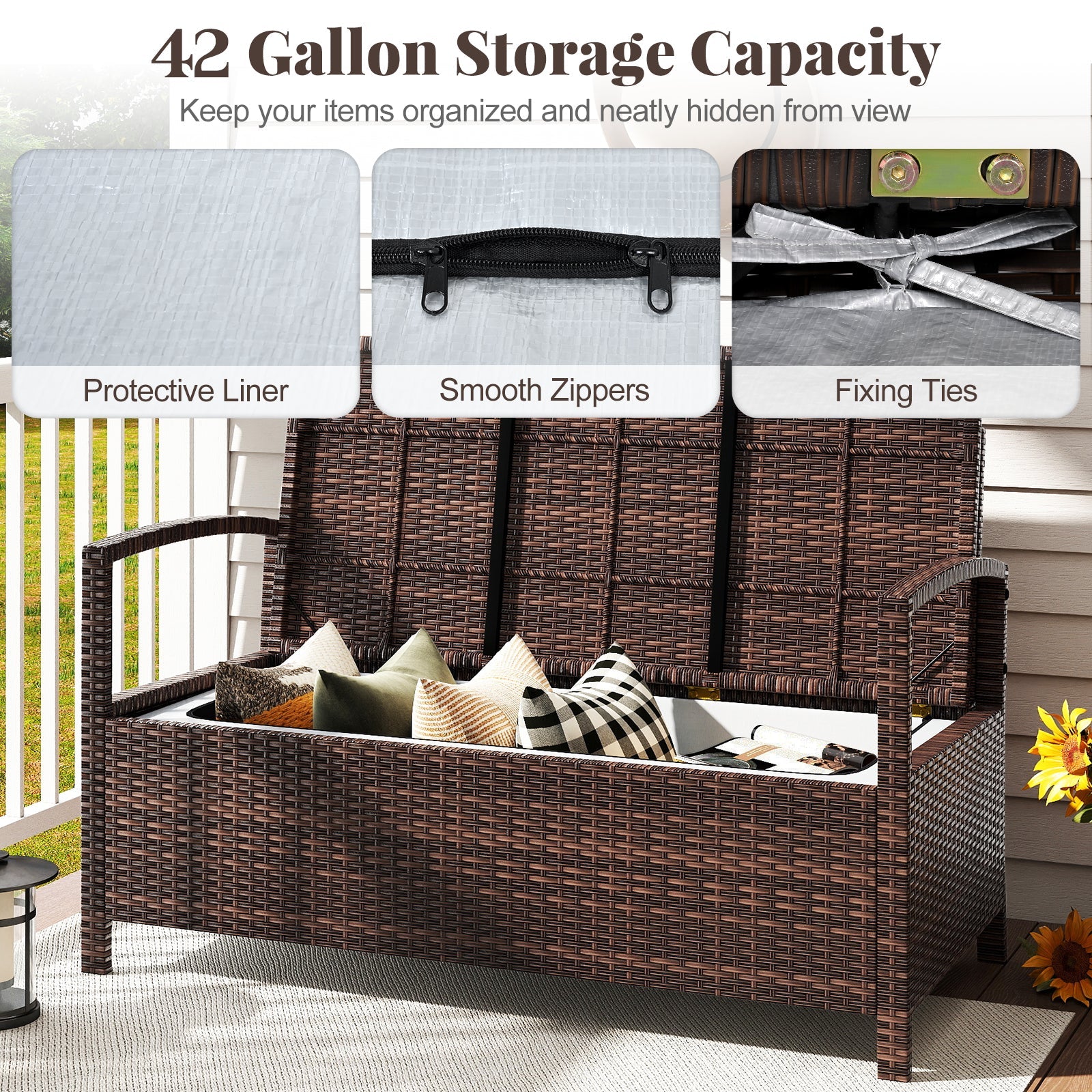 Outdoor PE Wicker Storage Bench 2 Seater with Cushion and 42 Gallon Deck Box-Beige
