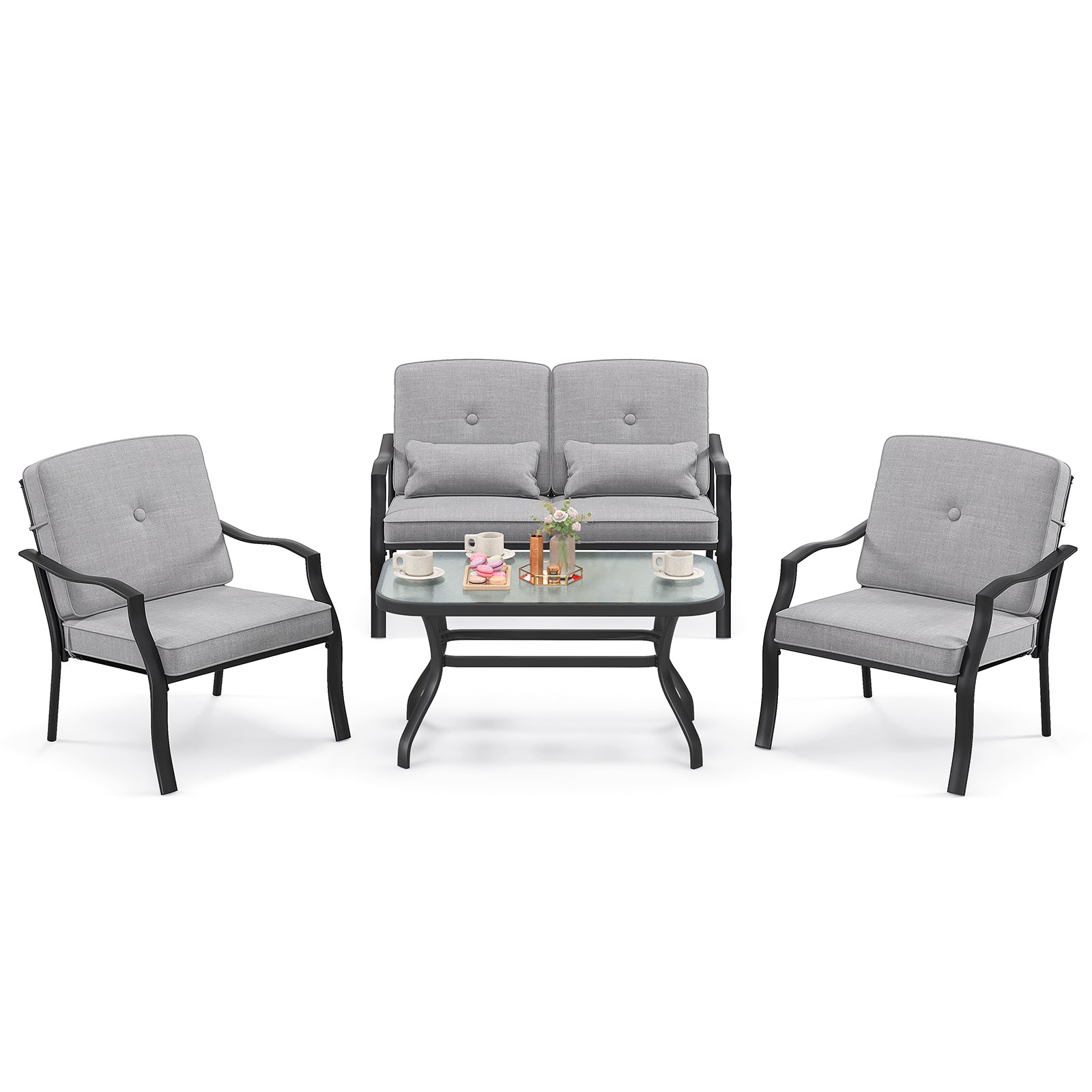 4 Pieces Outdoor Conversation Set with Seat Back Cushions and Waist Pillows