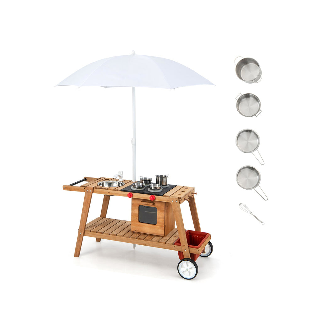 Wooden Play Cart with Sun Proof Umbrella for Toddlers Over 3 Years Old