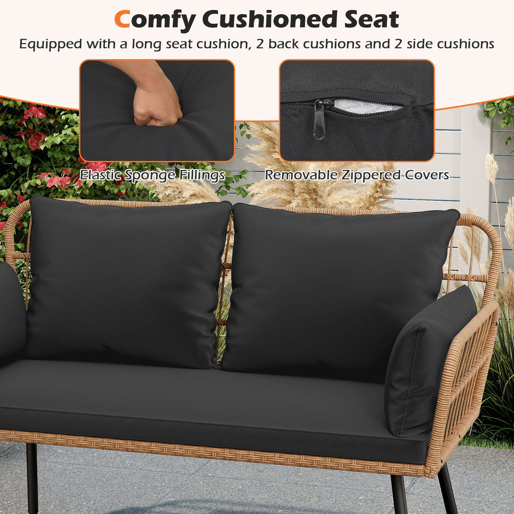 Outdoor Rattan 2-Seat Chair with Seat Back Cushions and Heavy-Duty Metal Legs