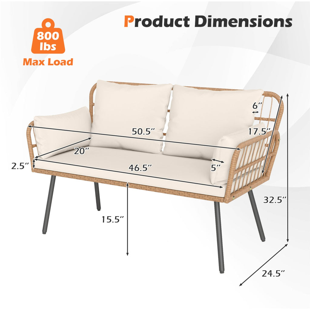 Outdoor Rattan 2-Seat Chair with Seat Back Cushions and Heavy-Duty Metal Legs