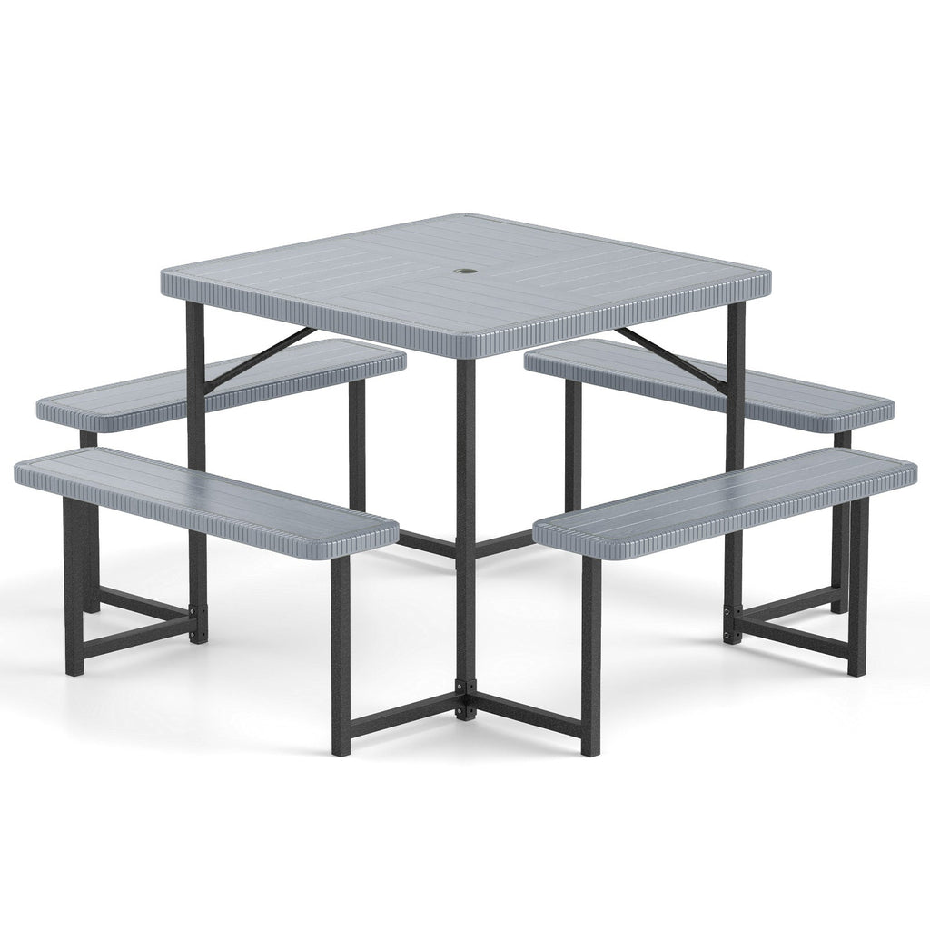 Outdoor Square Picnic Table Bench Set for 4-8 People with Umbrella Hole