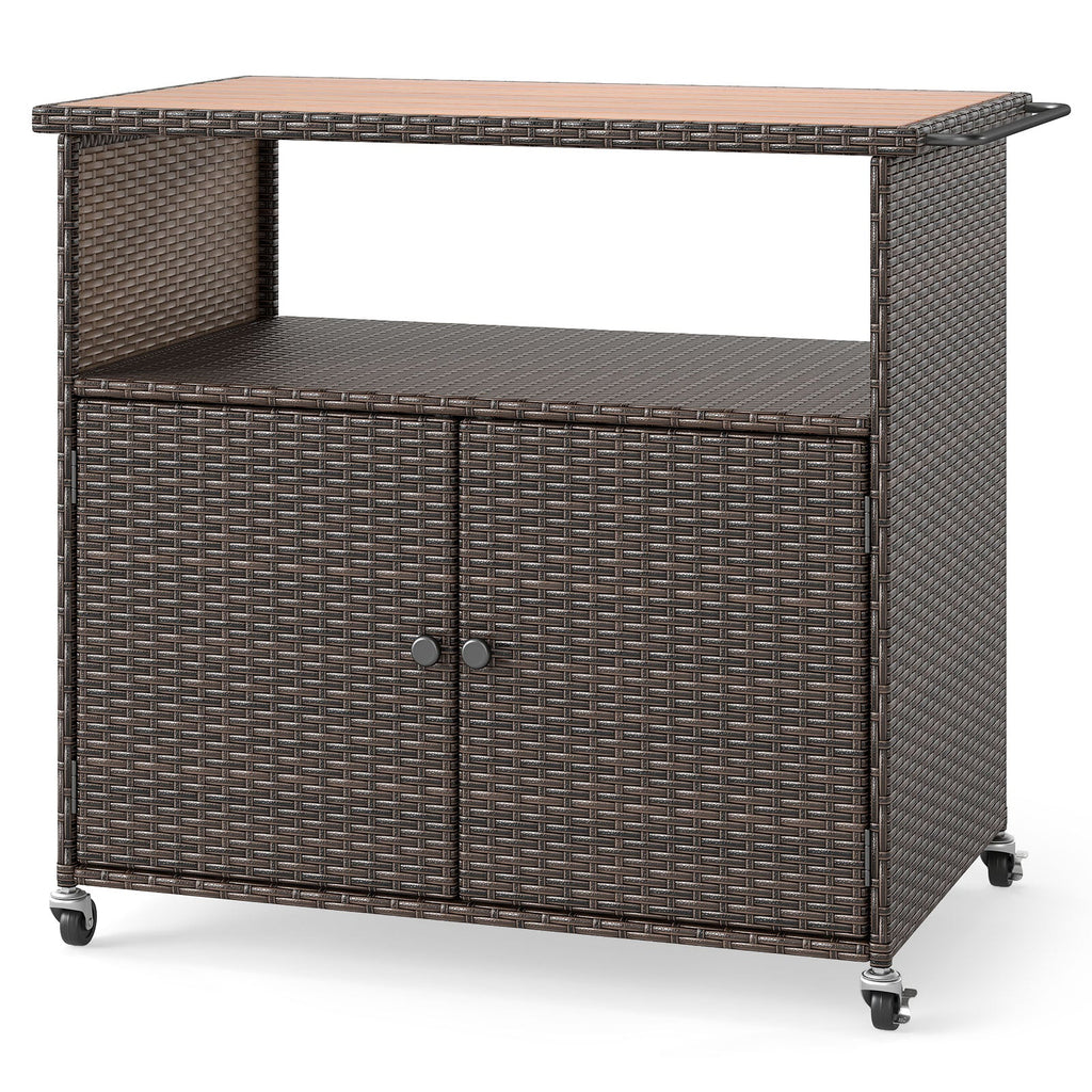 Outdoor Storage Cabinet with Acacia Wood Top and Lockable Wheels