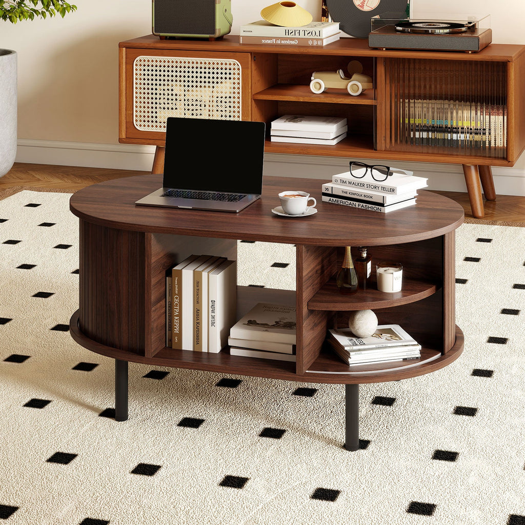 Oval Coffee Table with Open Compartment and Sector Shelves-Walnut