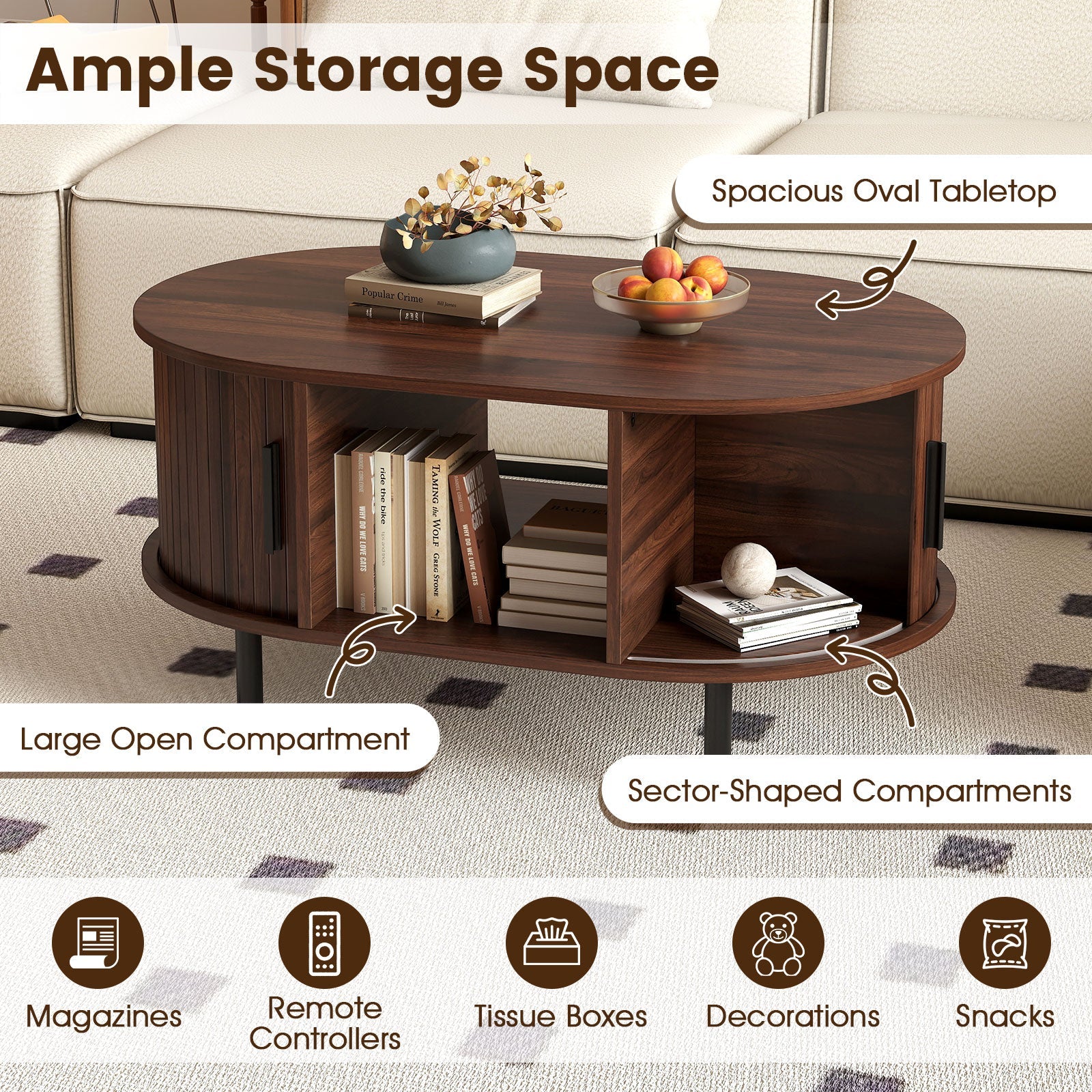 Oval Coffee Table with Open Compartment and Sector Shelves-Walnut