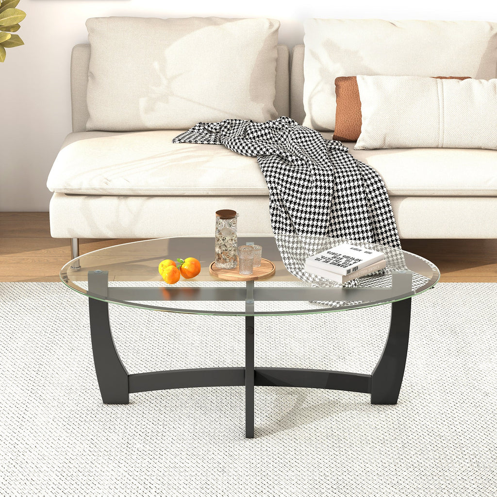 Oval Coffee Table with Tempered Glass Tabletop and Rubber Wood Legs-Black