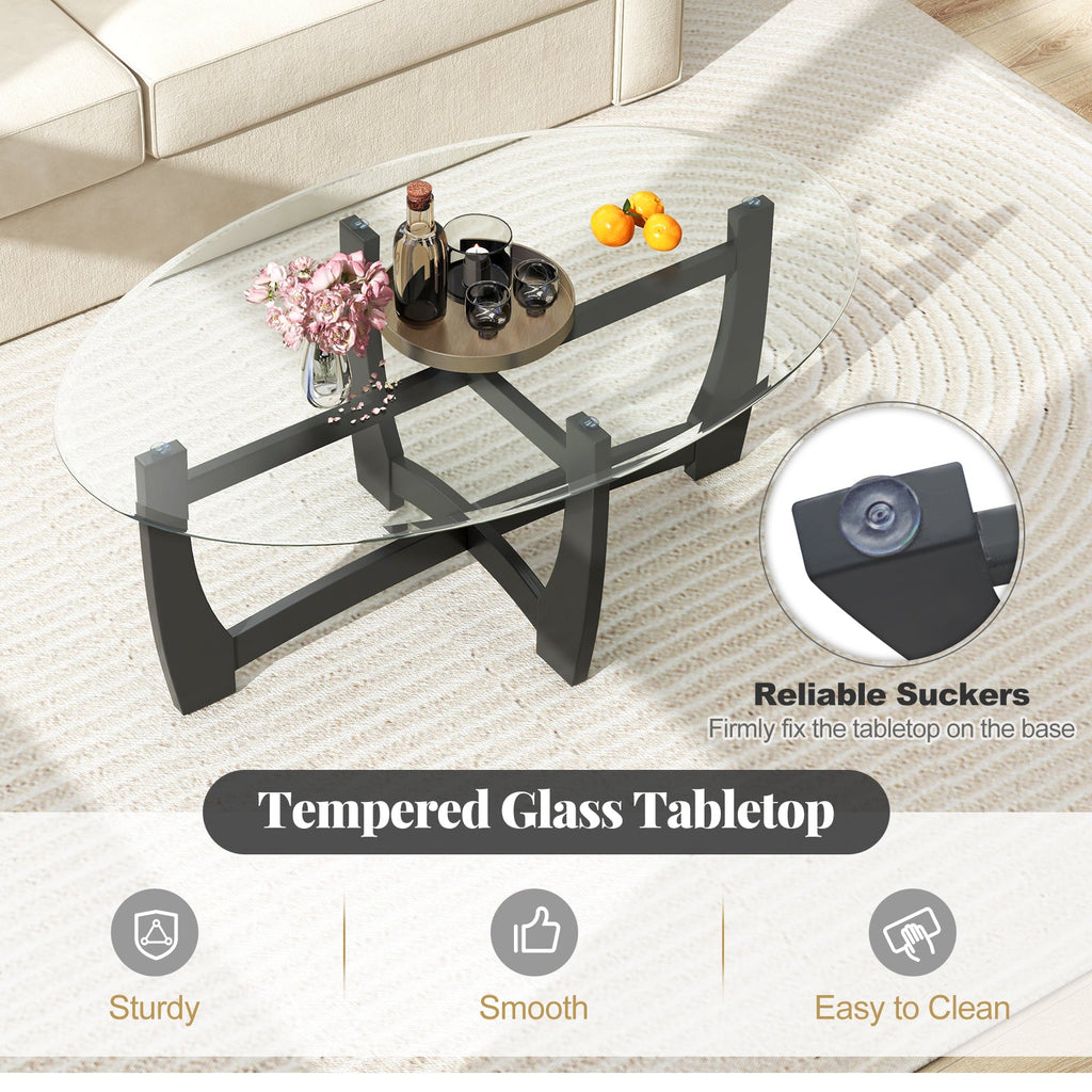 Oval Coffee Table with Tempered Glass Tabletop and Rubber Wood Legs-Black