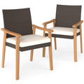 PE Rattan Outdoor Patio Dining Chair Set of 2 with Removable Cushion and Acacia Wood Armrests-White