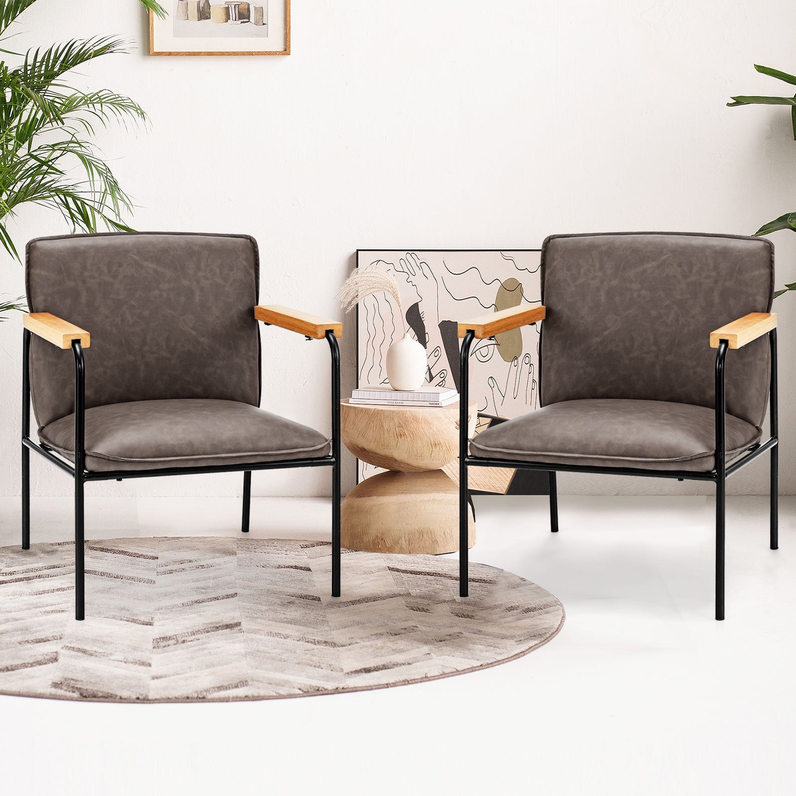 PU Leather Accent Chair with Rubber Wood Armrests
