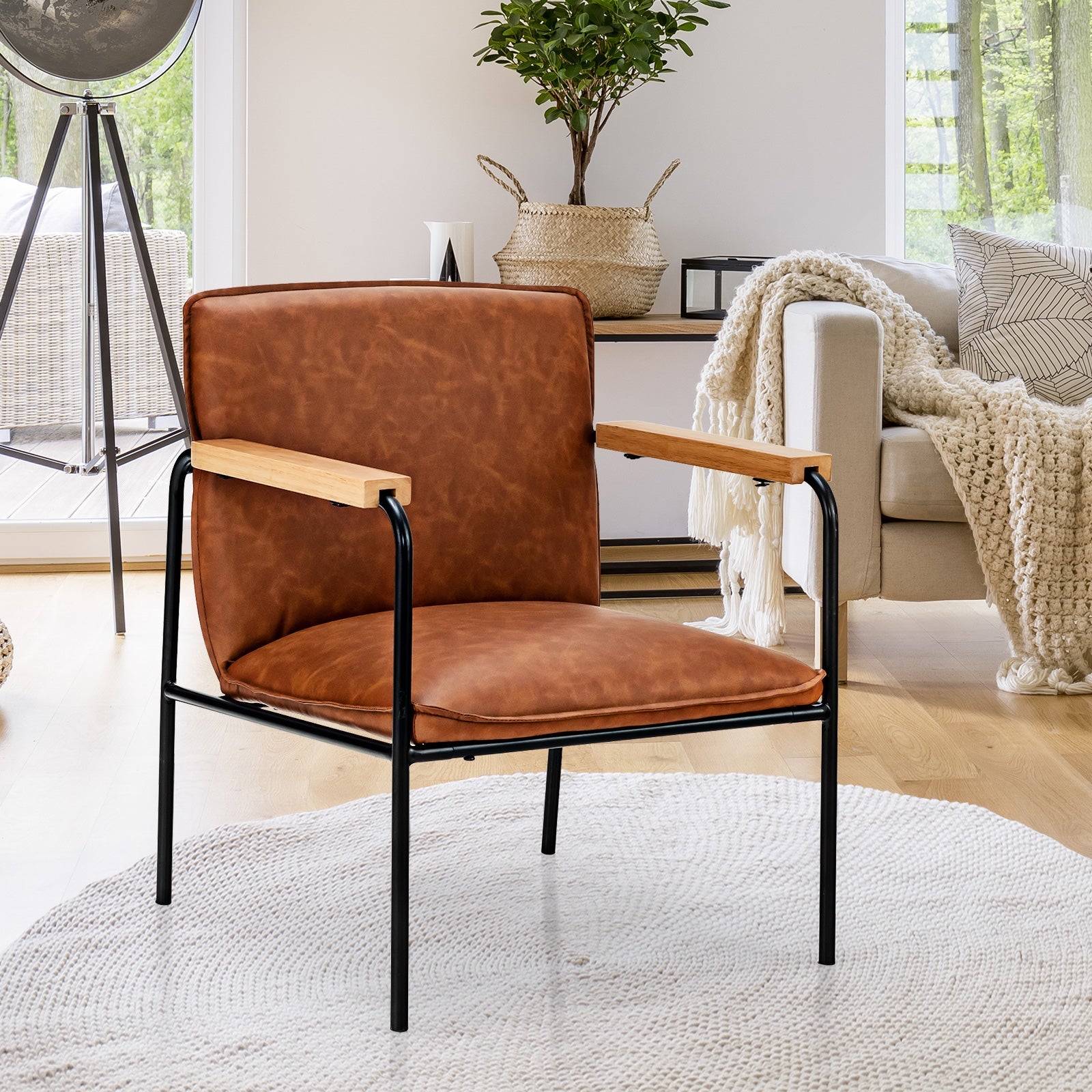 PU Leather Accent Chair with Rubber Wood Armrests