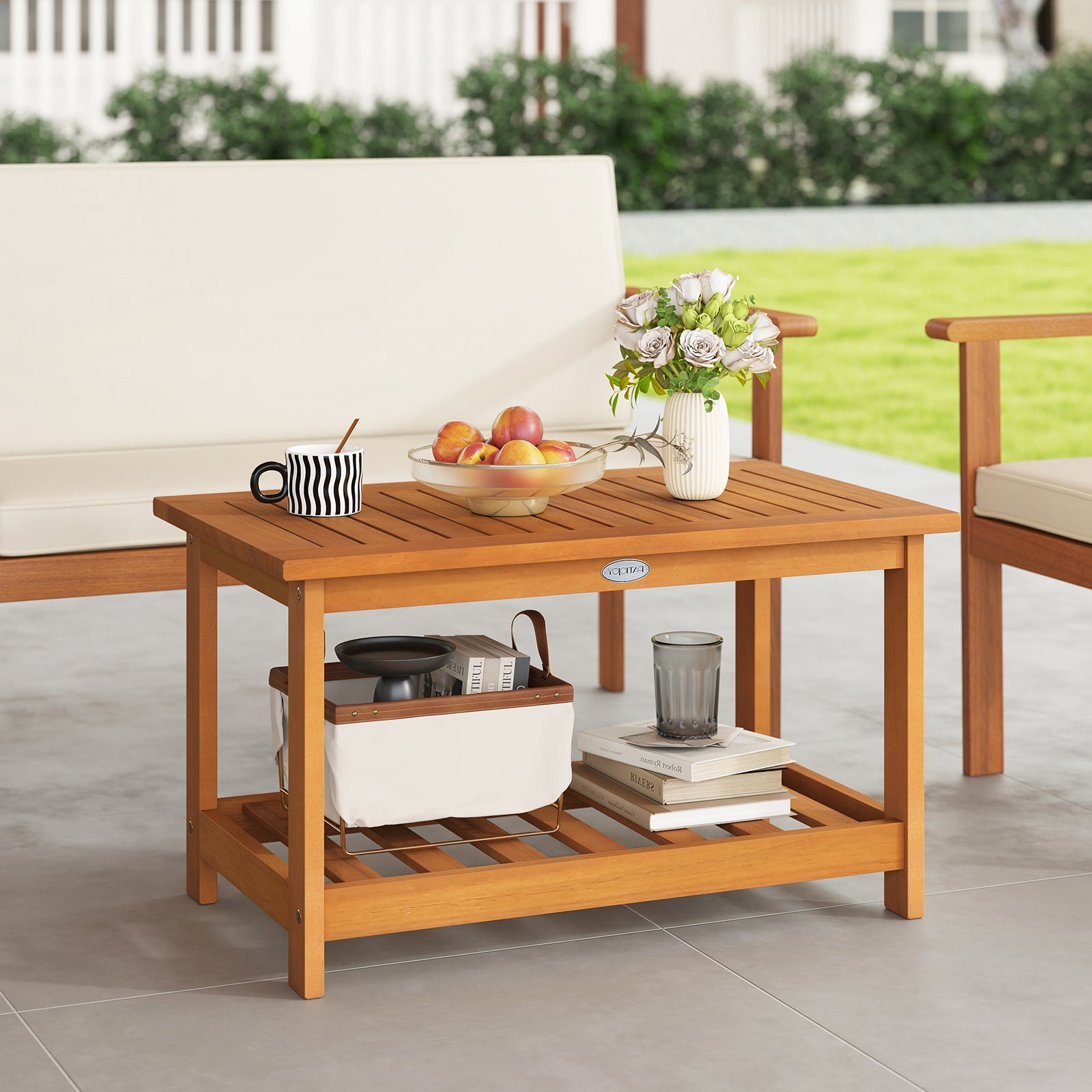 Patio Acacia Wood Coffee Table 2-Tier Rectangular Center Table