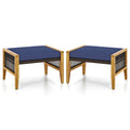 Patio Acacia Wood Ottomans with Cushions and Versatile Rattan Woven Footstools-Navy