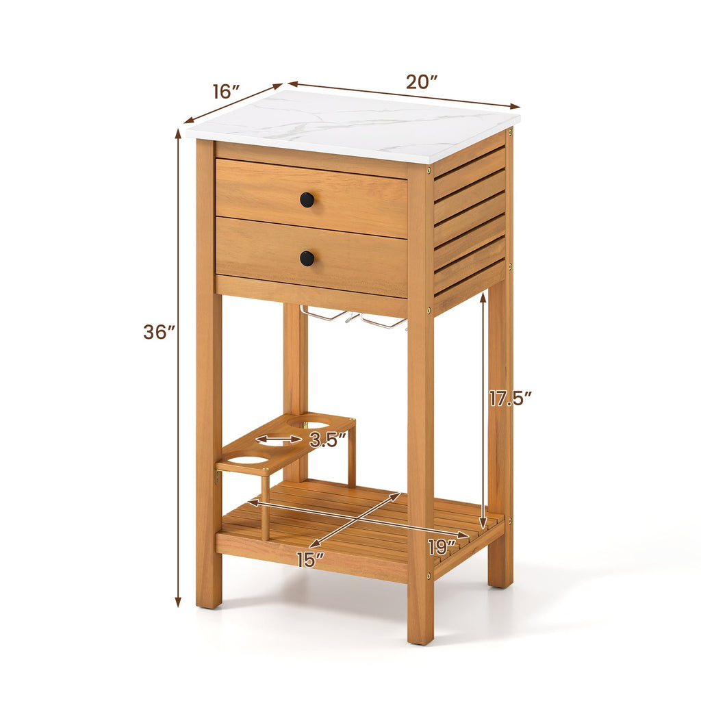 Patio Acacia Wood Storage Cabinet Patio Buffet Cabinet Bar Table with Faux Marble Countertop