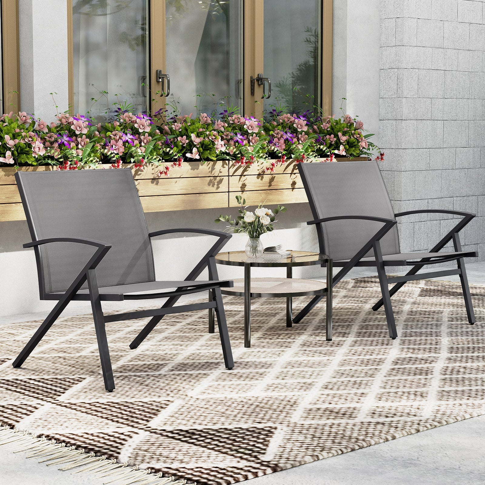Patio Chairs Set of 2 Lawn Chairs with Heavy Duty Metal Frame-Grey