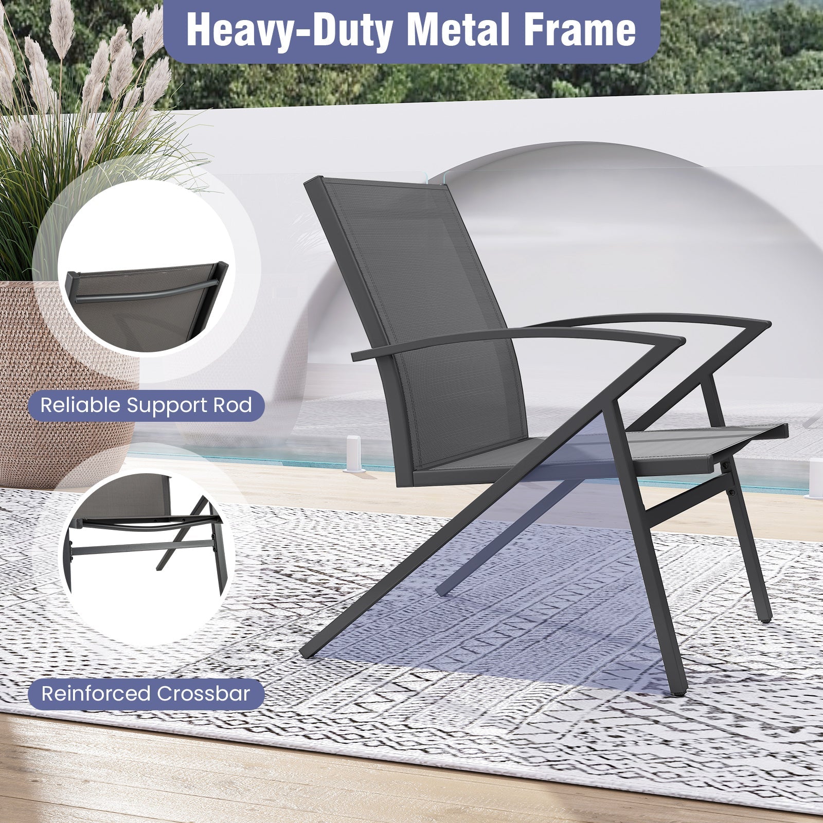 Patio Chairs Set of 2 Lawn Chairs with Heavy Duty Metal Frame-Grey