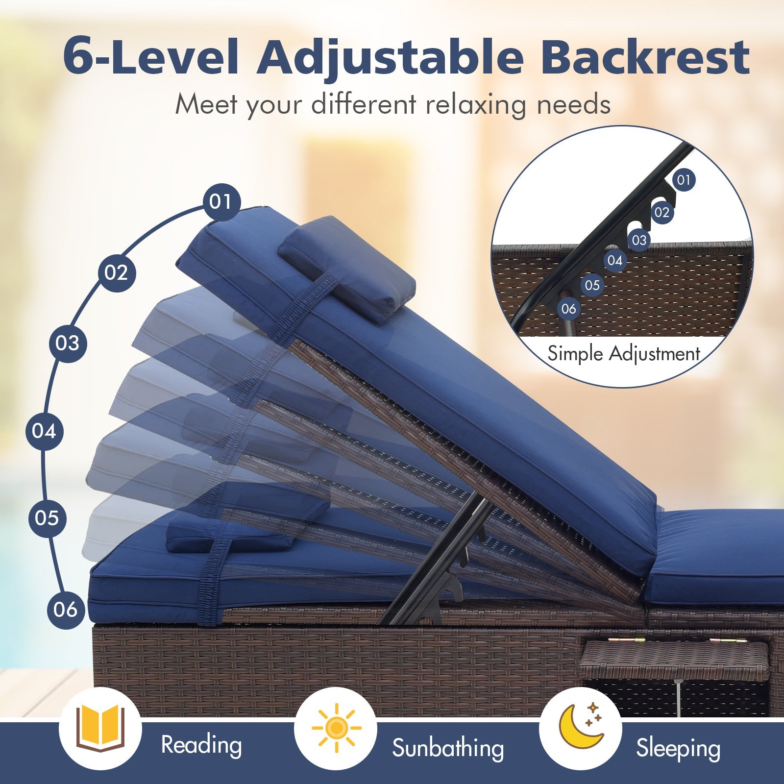 Outdoor PE RattanChaise Lounge with 6-level Backrest