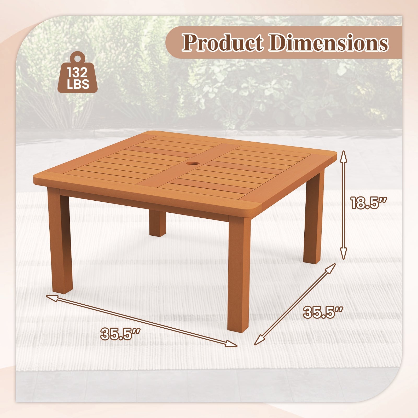 Patio Coffee Table with Umbrella Hole and Teak Oil Finish