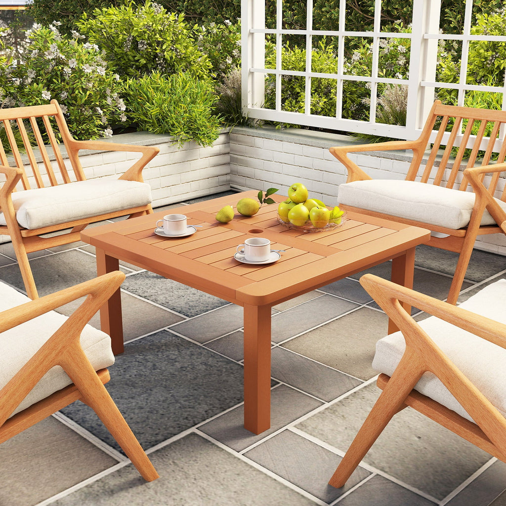 Patio Coffee Table with Umbrella Hole and Teak Oil Finish