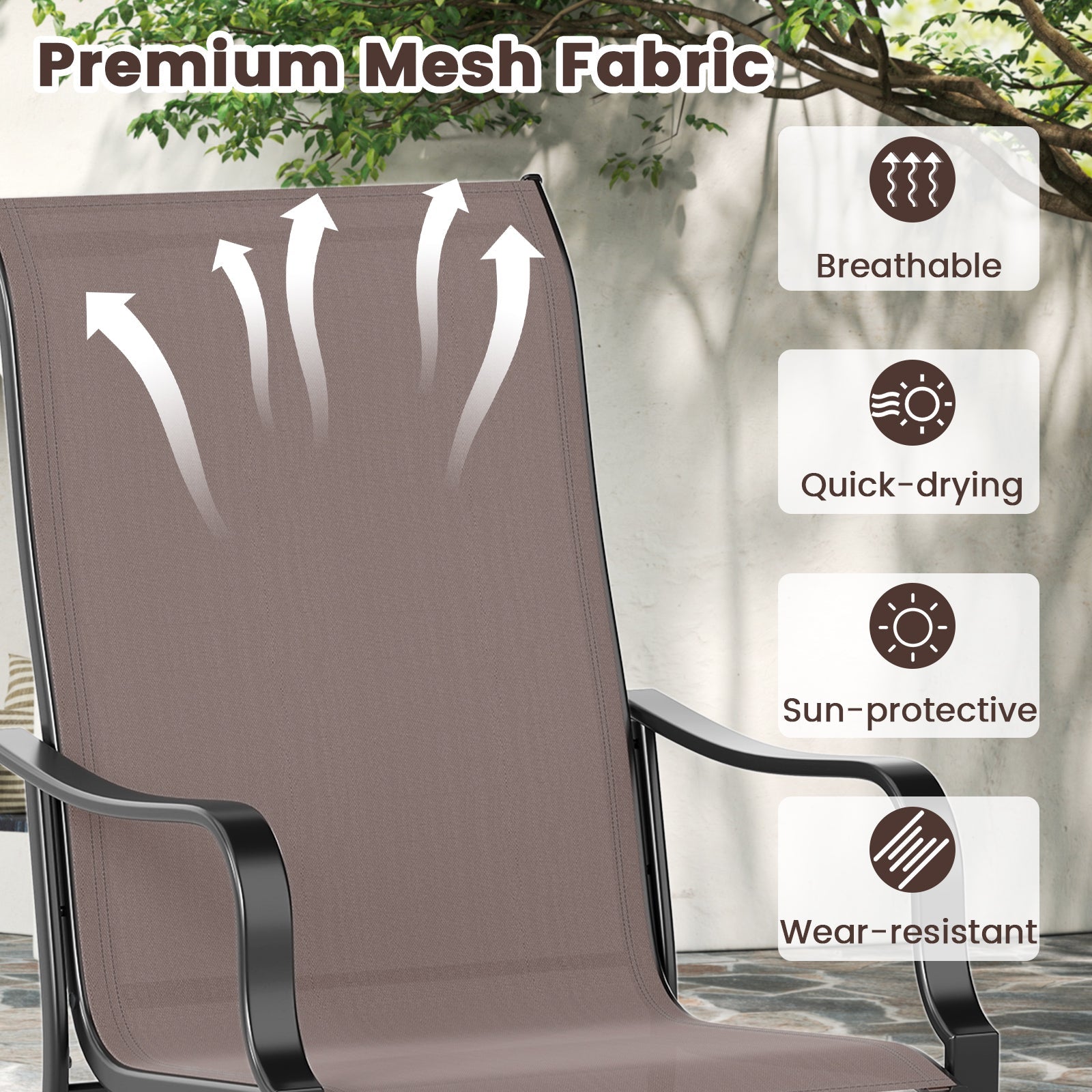 Patio Dining Chair Set of 2 with Wide Seat and Heavy-Duty Metal Frame-Brown