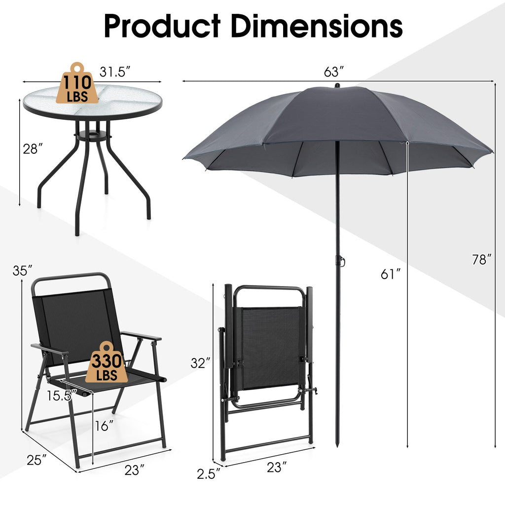6 Pieces Patio Dining Set Folding Chairs Glass Table Tilt Umbrella for Garden