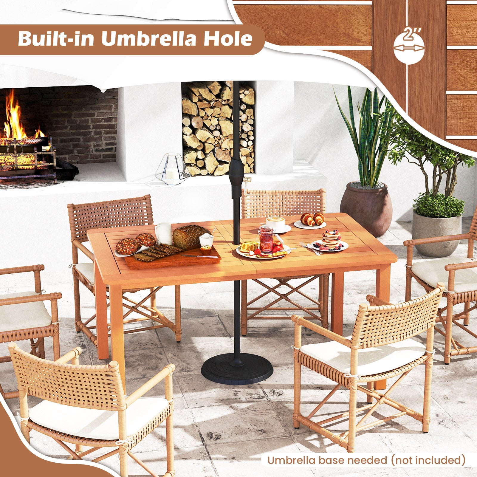 Patio Outdoor Solid Wood Dining Table with Umbrella Hole for 6