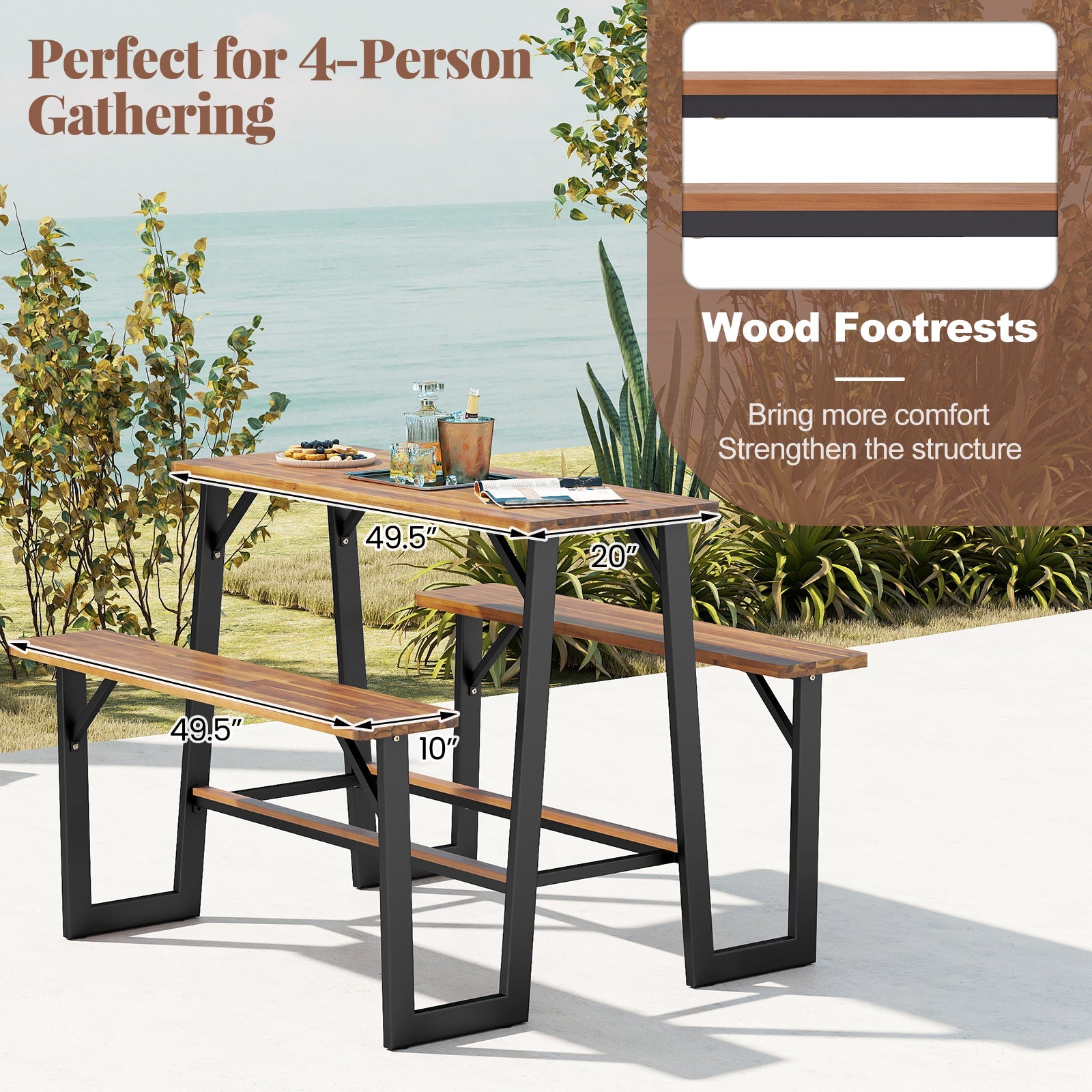 Patio Picnic Table Bench Set with Acacia Wood Tabletop and Benchtop