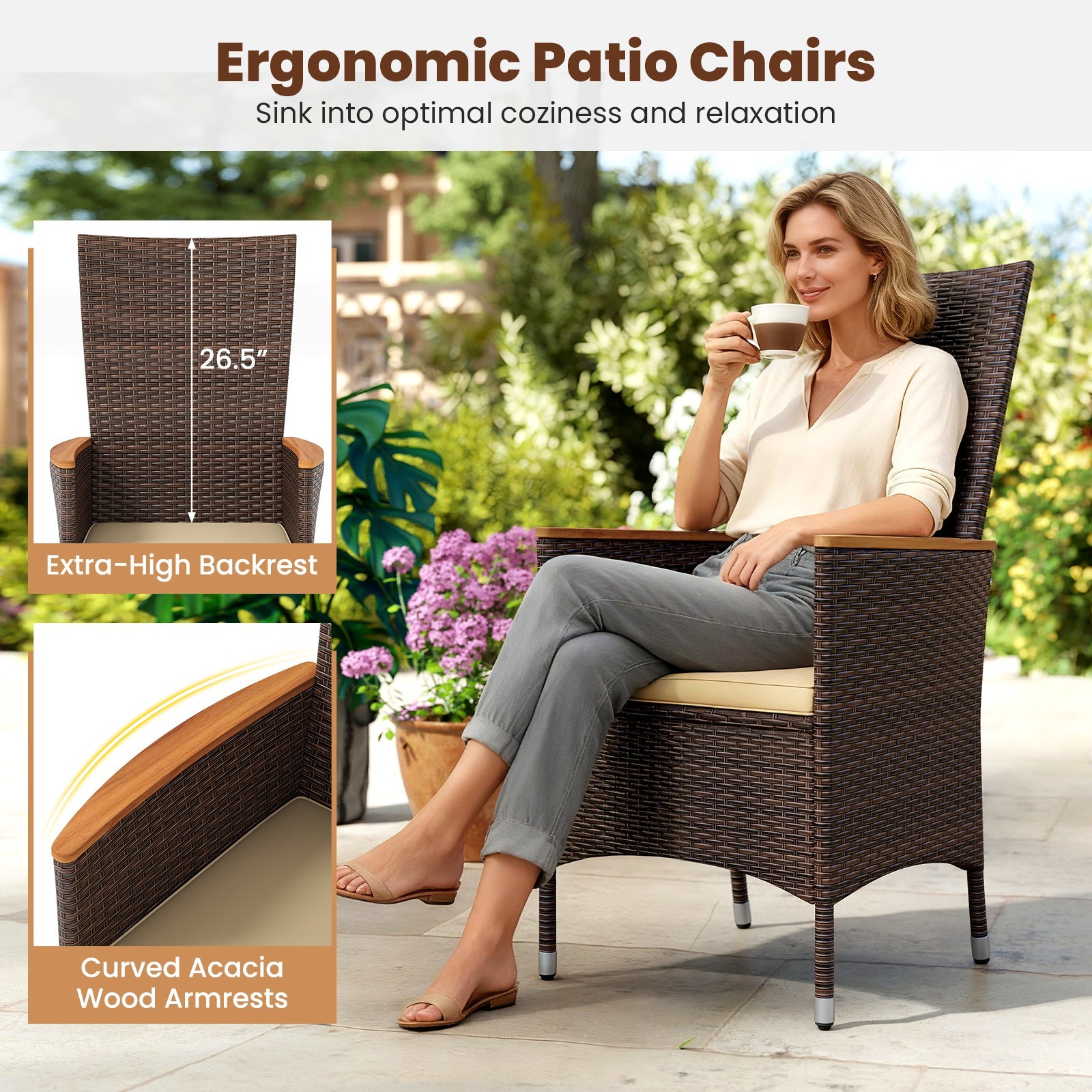 Patio Rattan Chairs Set of 2 Outdoor Wicker Dining Chairs with High Backrest-Beige
