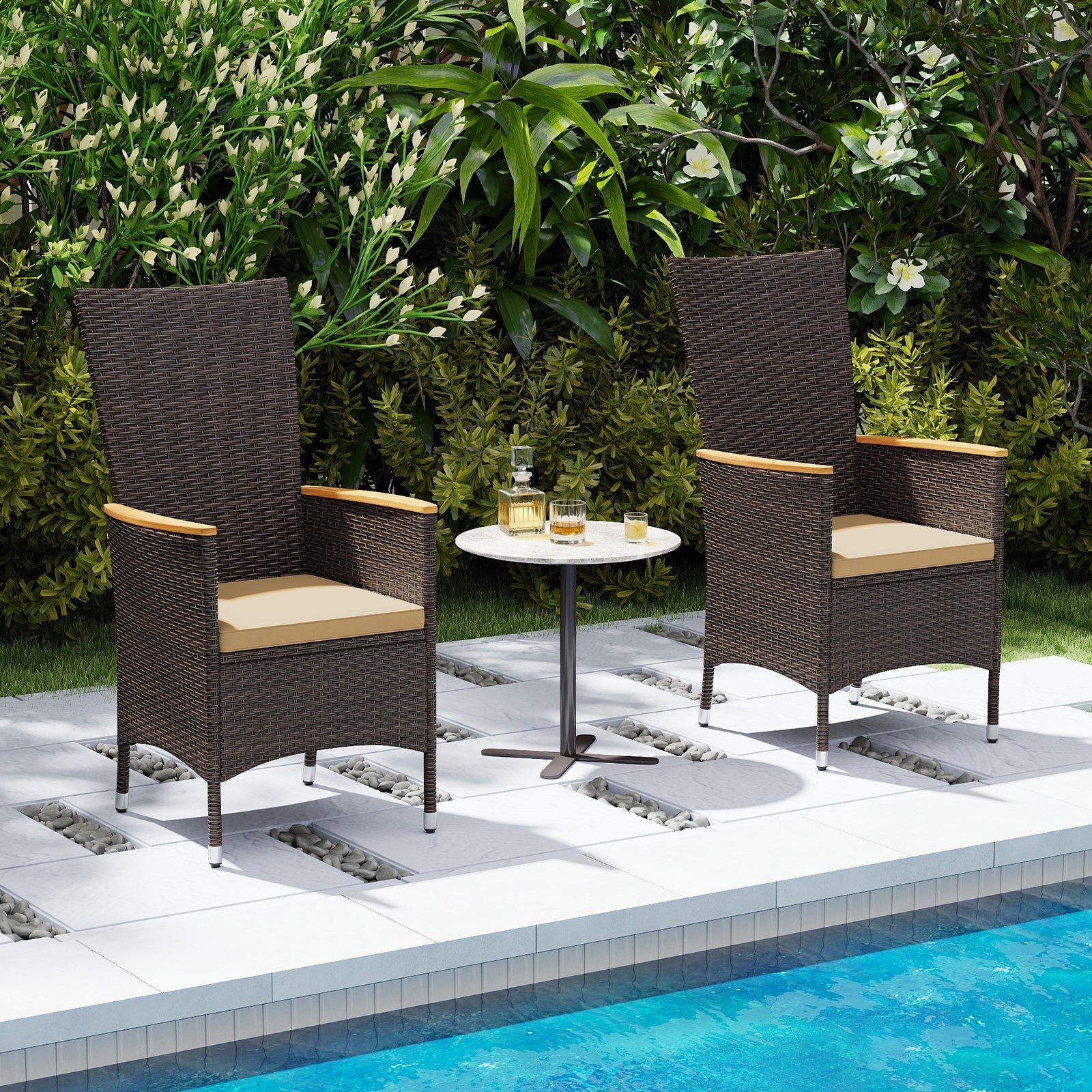 Patio Rattan Chairs Set of 2 Outdoor Wicker Dining Chairs with High Backrest-Beige