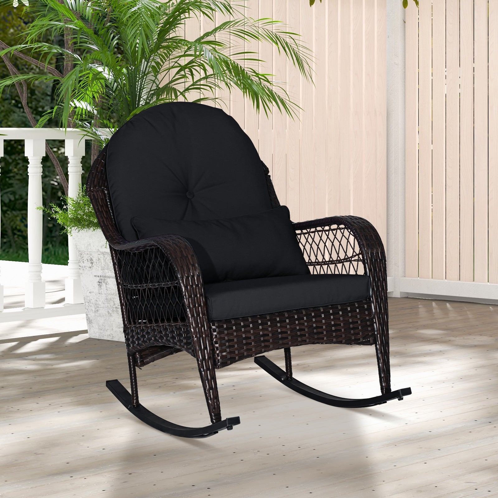 Patio Rattan Rocking Chair with Seat Back Cushions and Waist Pillow