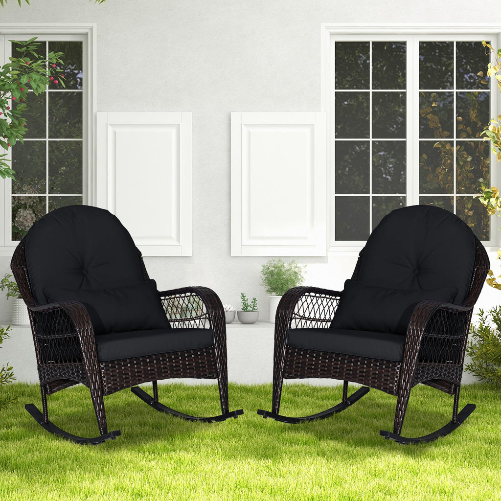 Patio Rattan Rocking Chair with Seat Back Cushions and Waist Pillow