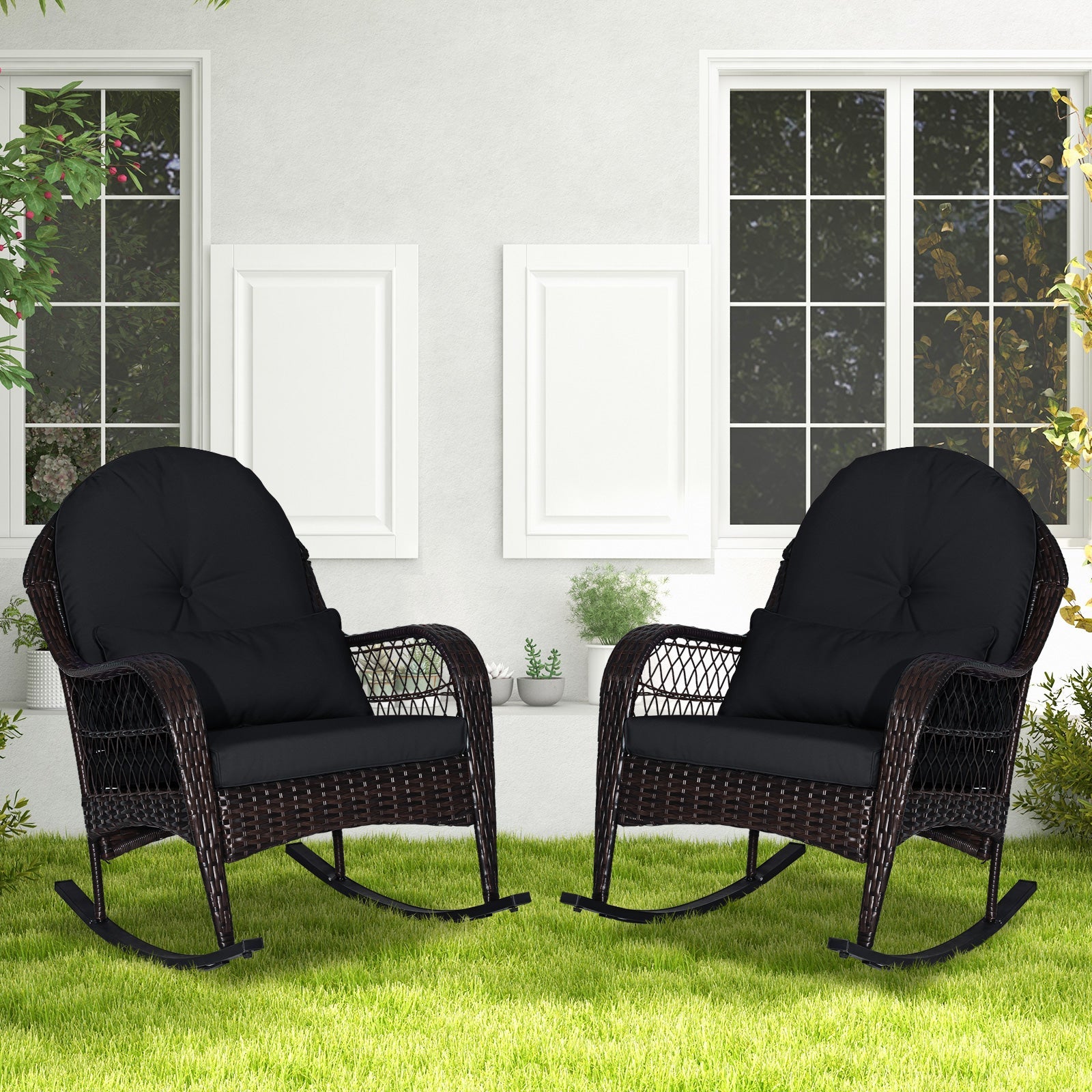 Patio Rattan Rocking Chair with Seat Back Cushions and Waist Pillow