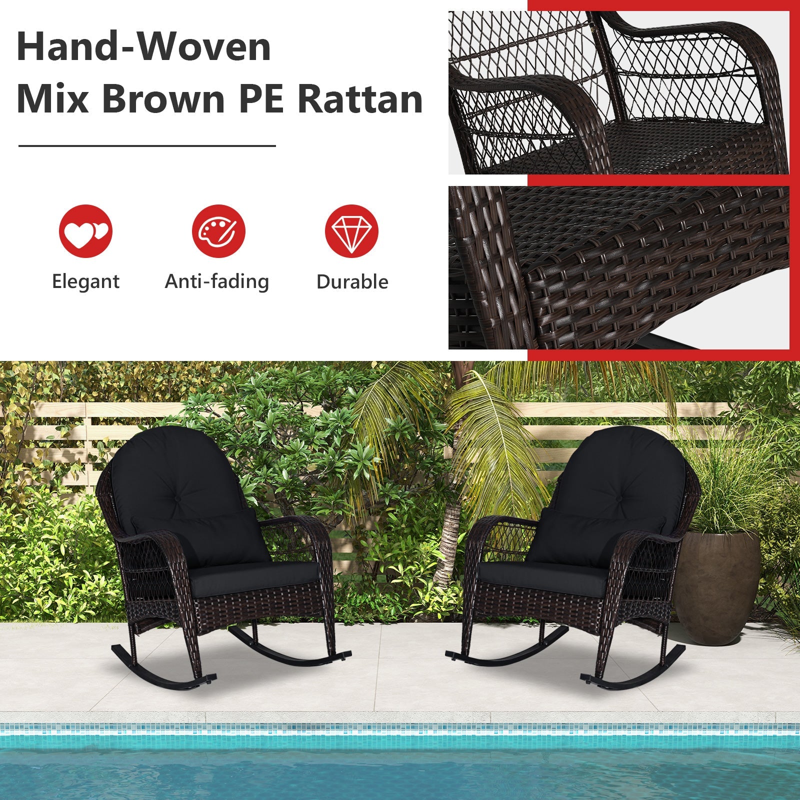 Patio Rattan Rocking Chair with Seat Back Cushions and Waist Pillow