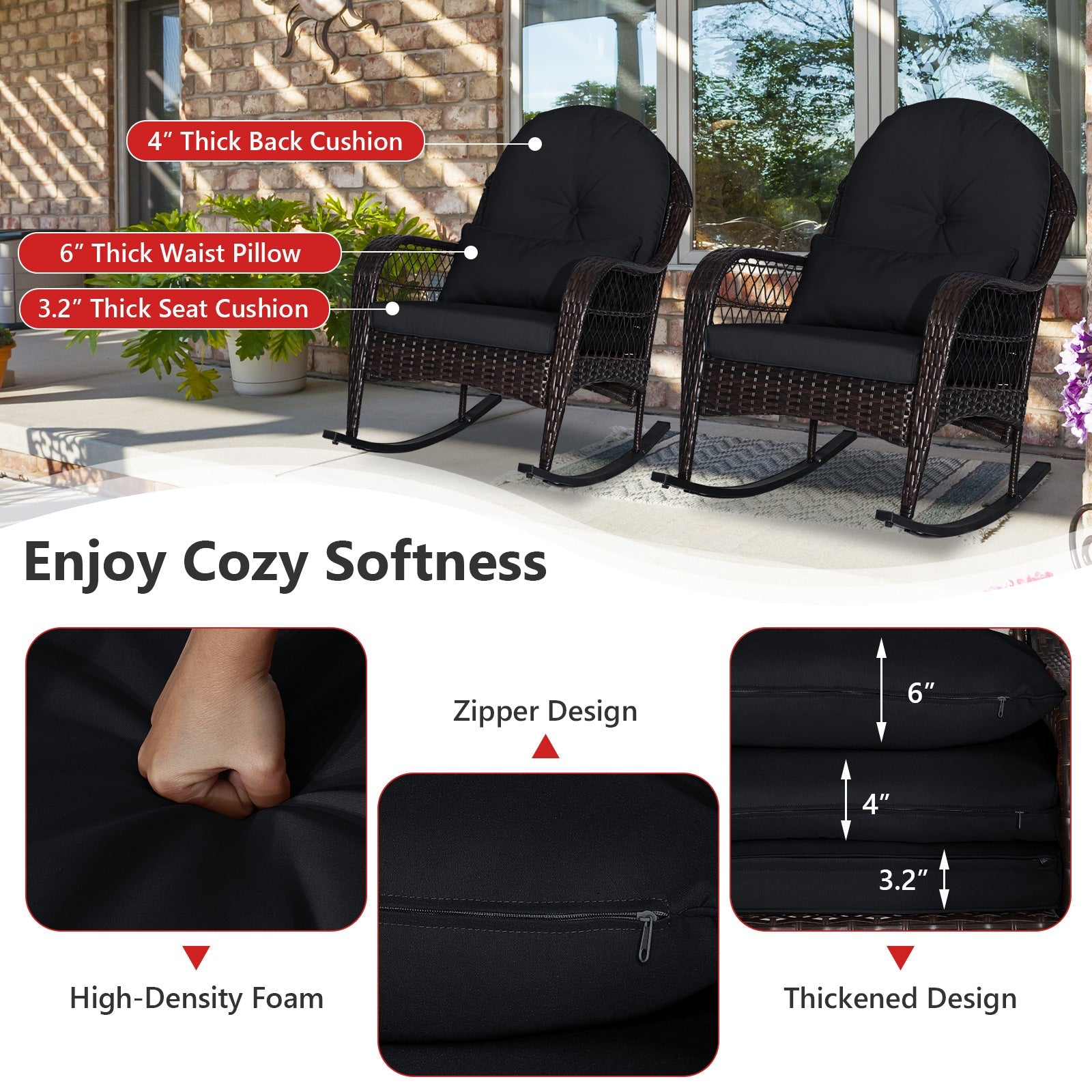 Patio Rattan Rocking Chair with Seat Back Cushions and Waist Pillow