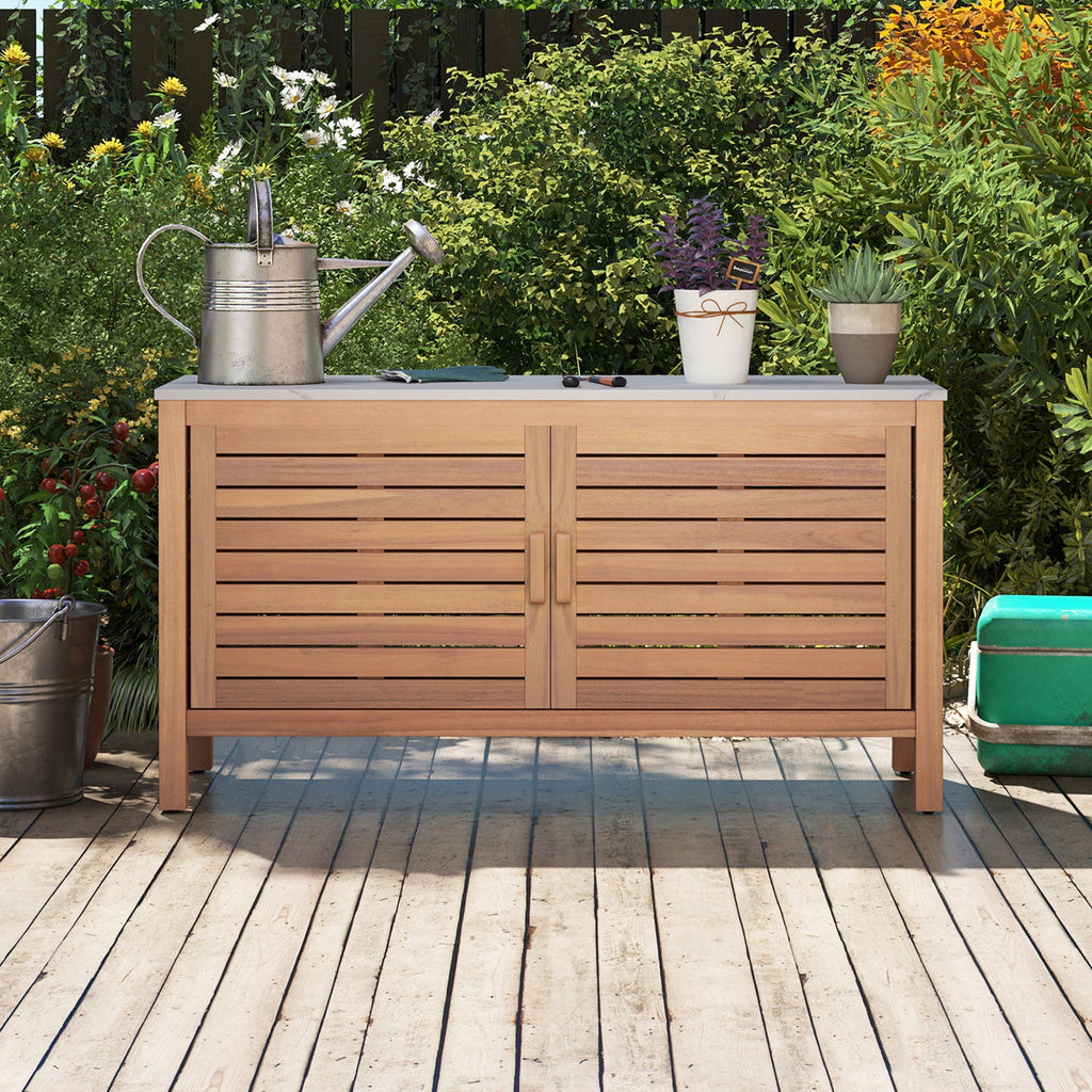 Patio Storage Cabinet 2-Door Acacia Wood Storage Container with Faux Marble Top