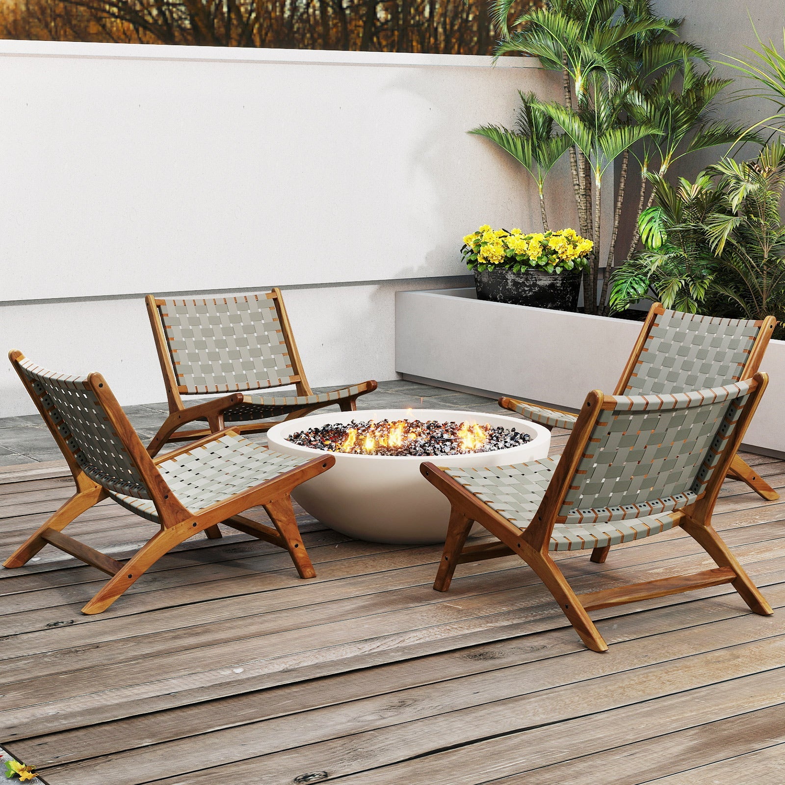 Patio Teak Wood Chair Outdoor Mid-Century Accent Chair with Nylon Webbing Seat